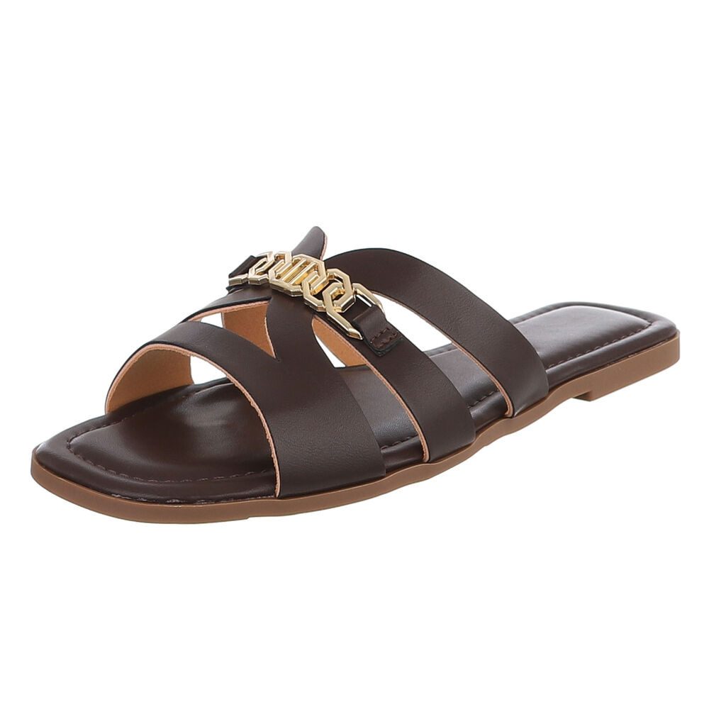 Ital-Design Damen Pantolette mit Schmuckdetail und Komfortsohle Pantolette (91970857) Blockabsatz Pantoletten in Braun