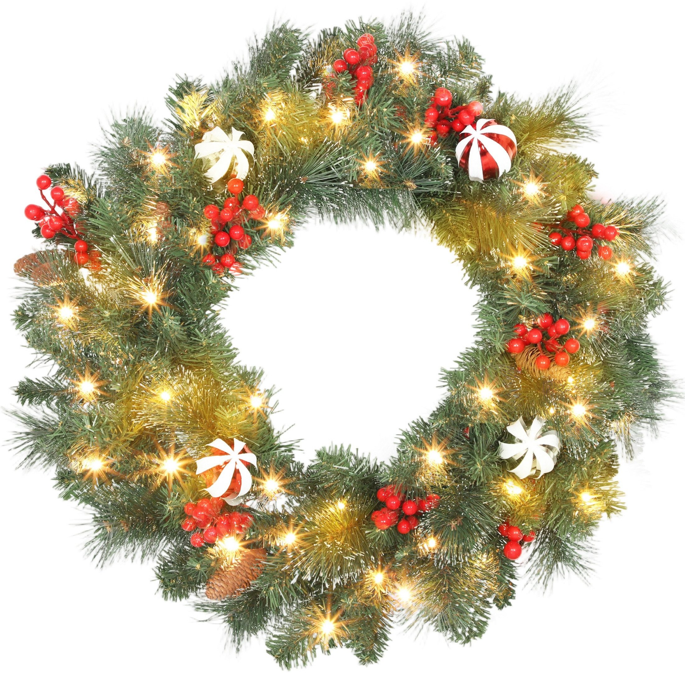 Kunstgirlande Weihnachtsgirlande künstlich mit LED 60 cm, Timer, 146 Spitzen, Blossom, Weihnachtsgirlande künstlich Tannenzapfen und Weihnachtskugeln