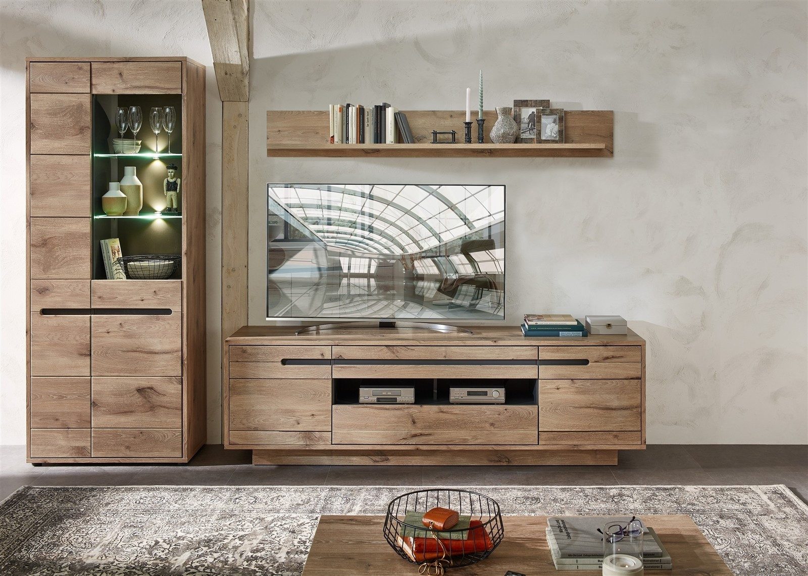 freiraum Wohnwand Bellano, in Viking Oak Dekor, MDF, Spannplatte - 299x202x44cm (BxHxT)