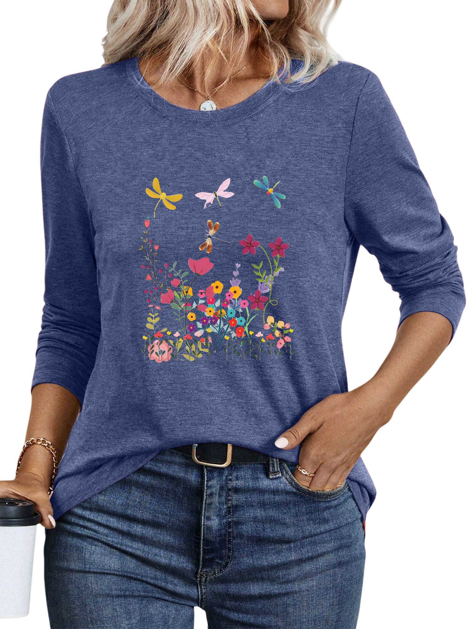 PYLIKE Rundhalsshirt Damen Rundhalsausschnitt mit Schmetterlingsblumen Prin günstig online kaufen