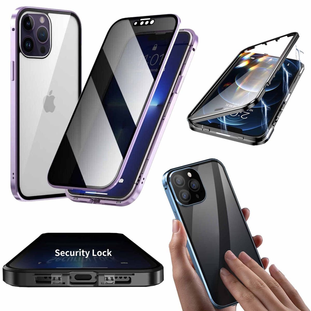 Wigento Handyhülle Beidseitiger 360 Grad Privacy Magnet / Glas Case Bumper für Apple iPhone 14 Pro Max Handy Tasche Case Hülle Cover New Style