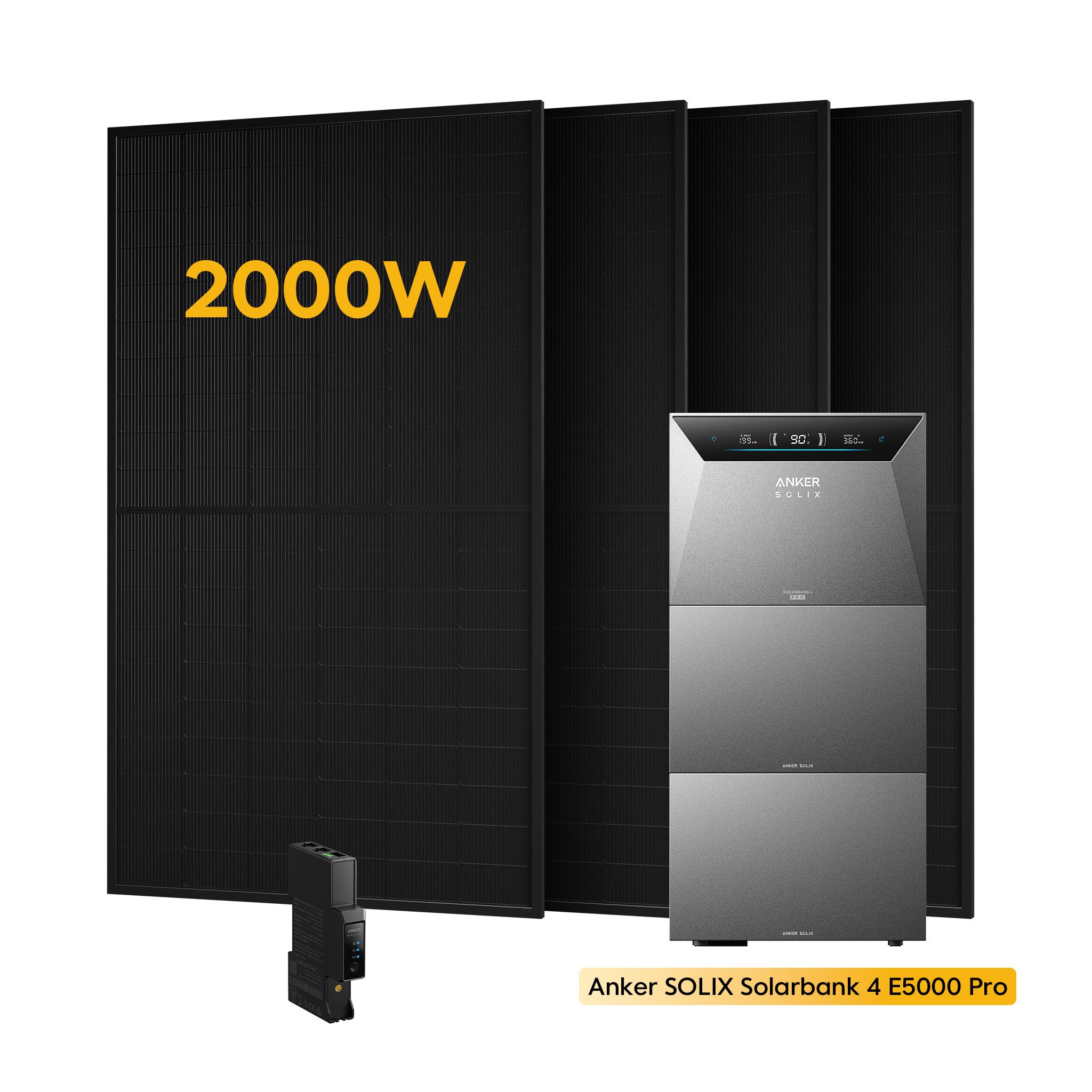 Anker Balkonkraftwerk 2000W Anker SOLIX Solarbank 4 E5000 Pro All-in-One Stromspeicher, (inkl. Smart Meter Gen 2 und 4*500Wp Sunpro Solarmodule, Optional: 1-5 x Anker BP5000 Erweiterungsakku), PV Speicher mit Notstromfunktion
