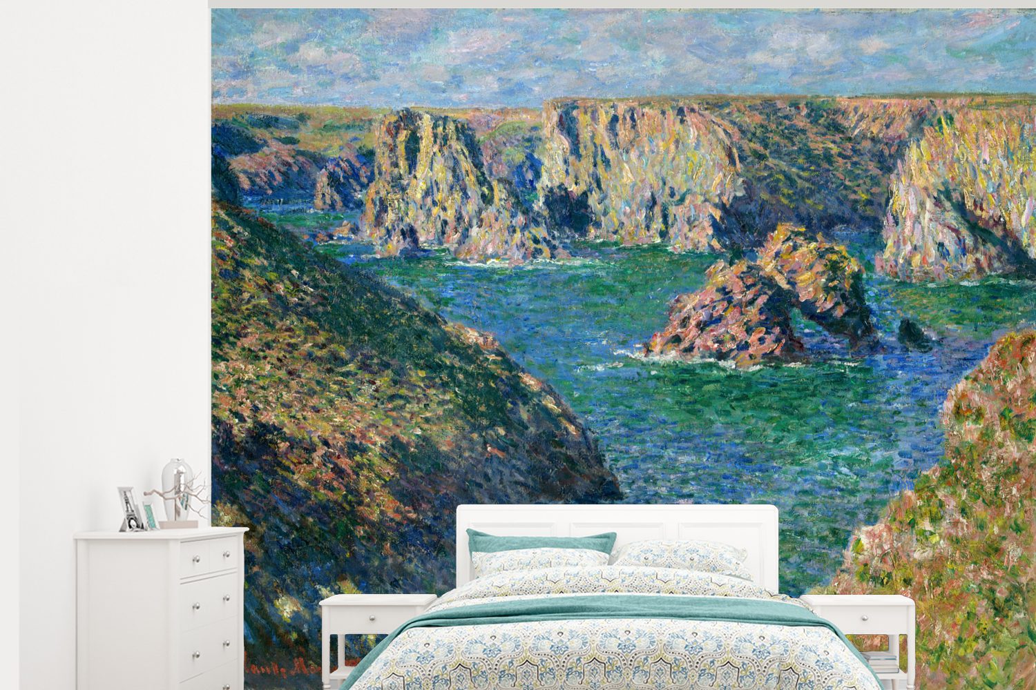MuchoWow Fototapete Die Klippen von Belle-Ile - Gemälde von Claude Monet, Matt, bedruckt, (5 St), Montagefertig Vinyl Tapete für Wohnzimmer, Wandtapete