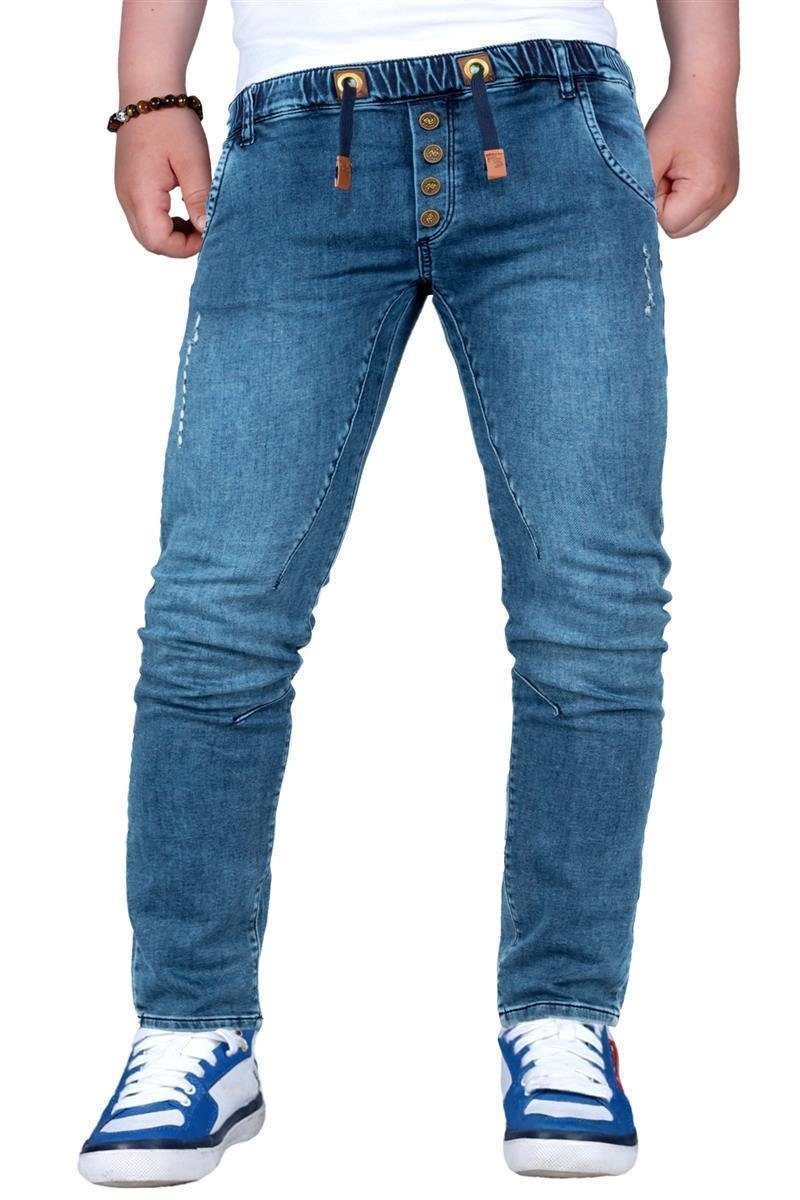 Reichstadt Jeansjeggings Kinder Slim Fit Jogging Jeans Stonewashed RS105 Blue (158) (1-tlg) Elastischer Bund mit Kordelzug und Knöpfen