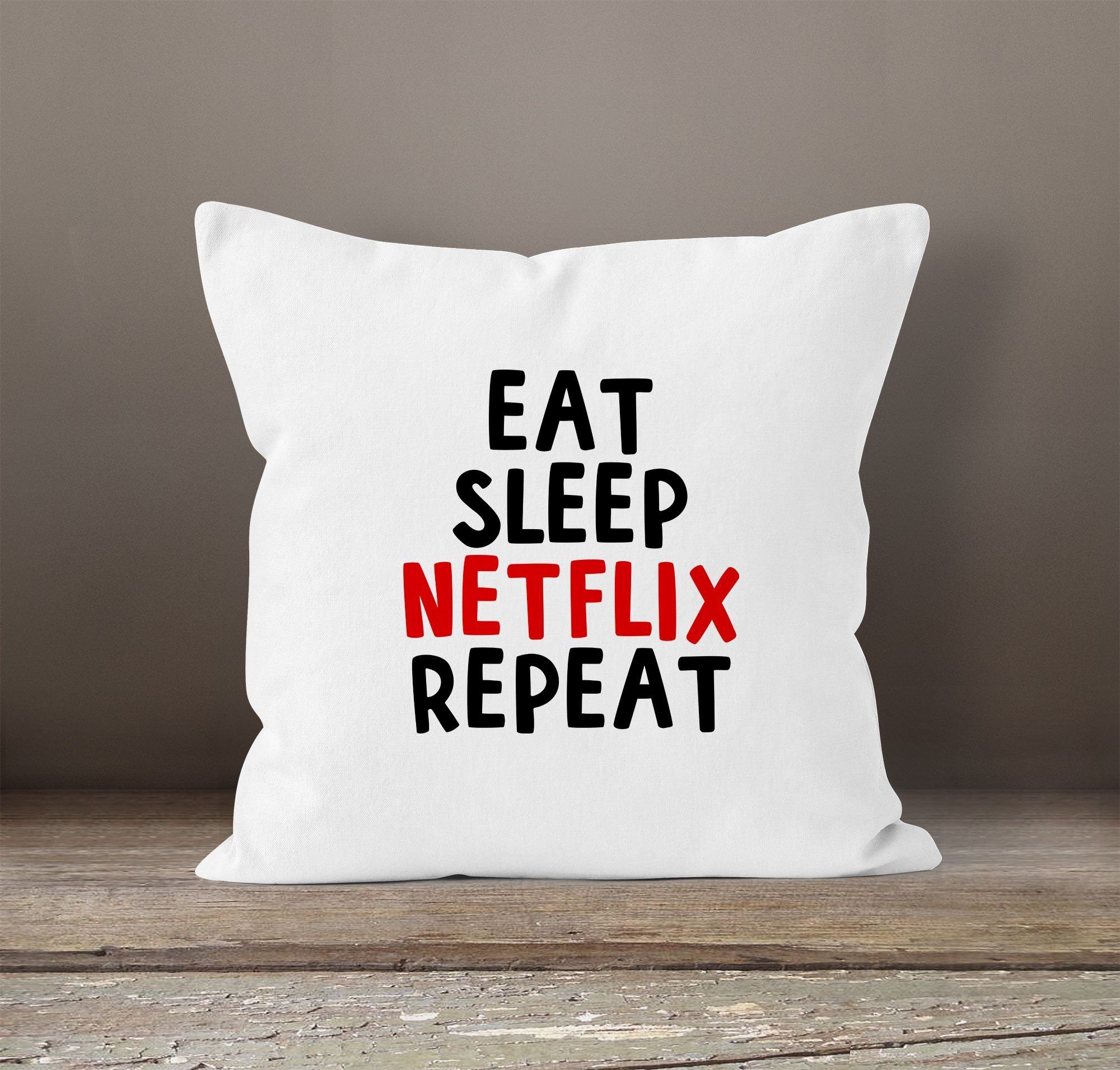 weiß Deko-Kissen sleep Kissen-Hülle Eat Kissen-Bezug MoonWorks® repeat MoonWorks Baumwolle Netflix Dekokissen