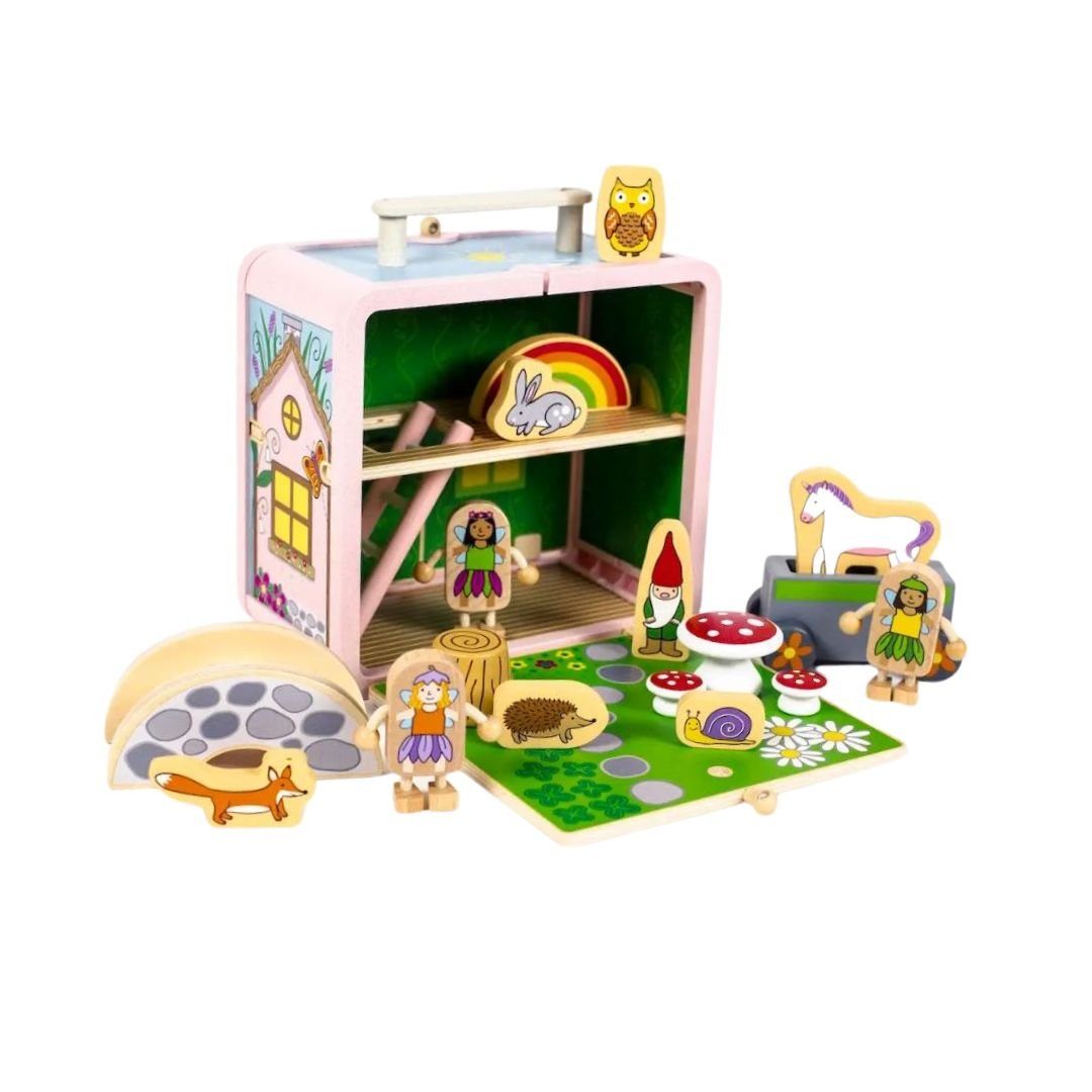 suebidou Puppenhaus Mitnehm-Koffer Feenhaus mit Holzfiguren für Kinder