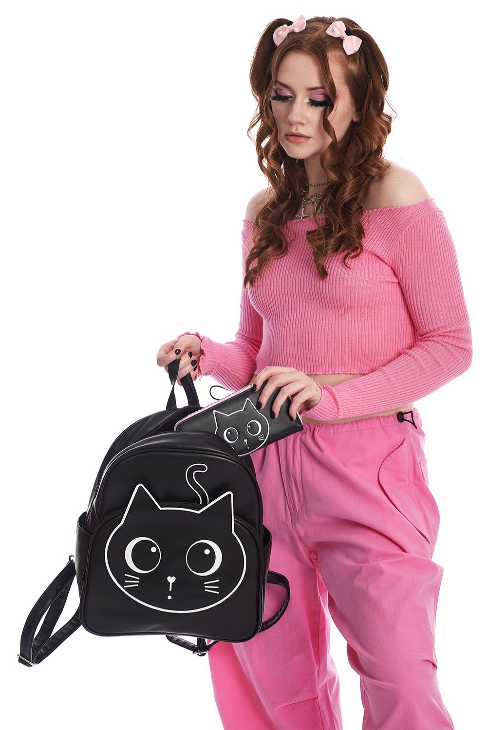 Banned Rucksack Haru Schwarz, Katzengesicht Print