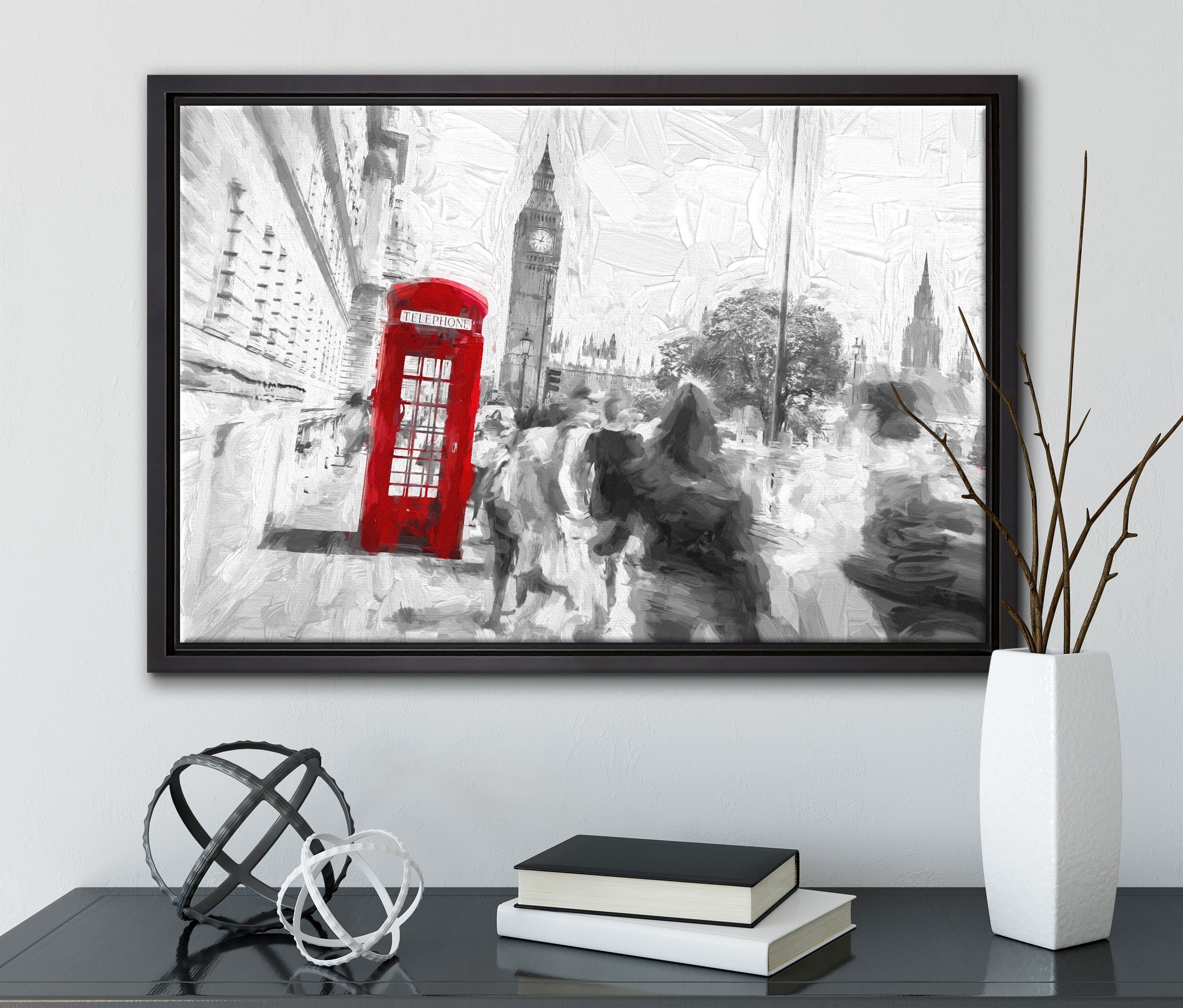 Pixxprint Leinwandbild gefasst, in einem London, inkl. Leinwandbild bespannt, Telefonzelle Schattenfugen-Bilderrahmen St), fertig Zackenaufhänger (1 Wanddekoration in