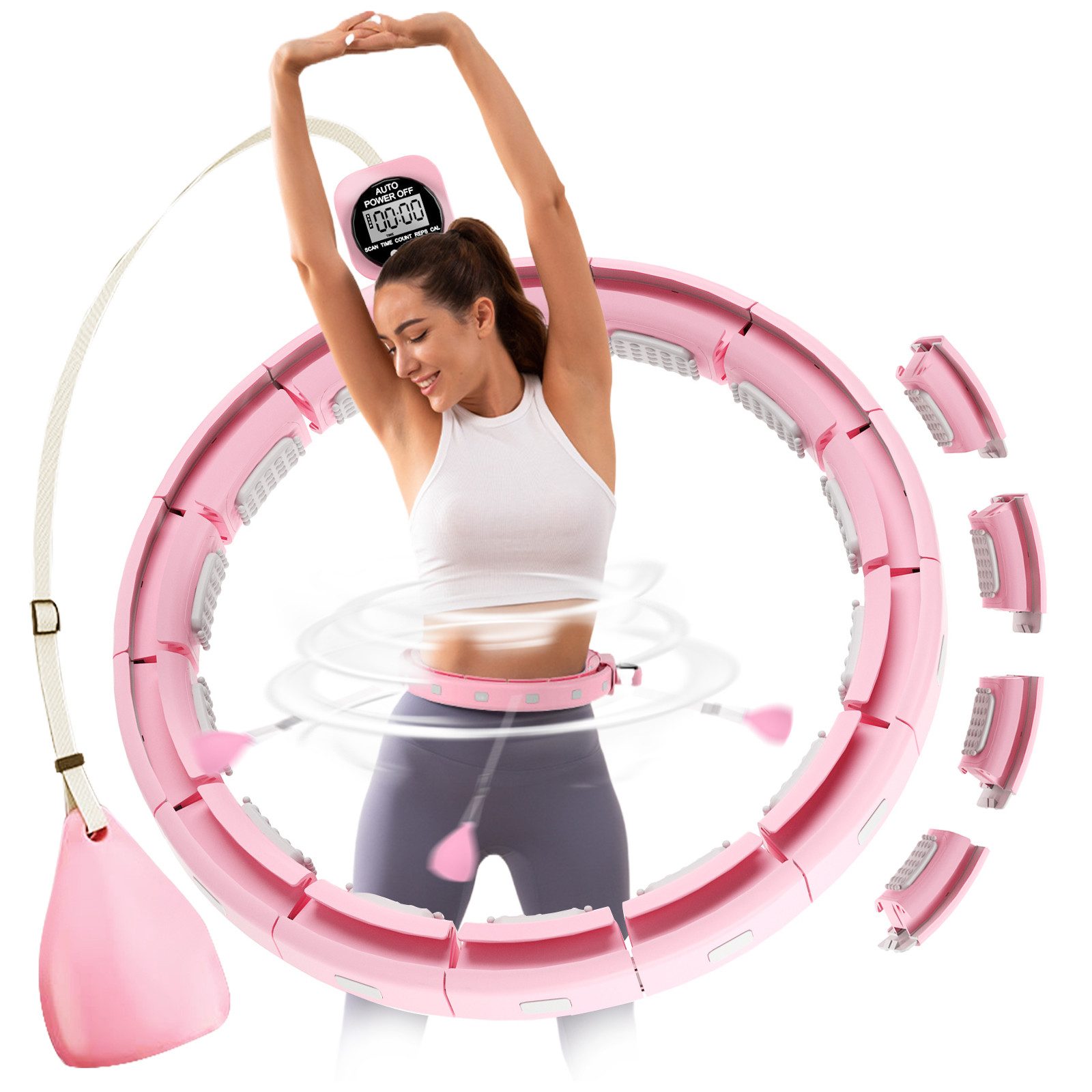 HYIEAR Hula-Hoop-Reifen Hula hoop mit Gewichtskugel, 16 verstellbare/abnehmbare Knoten (Set, Fitness Hoop mit Gewicht, Zähler und Noppen), Massage-Fitness 2 in 1