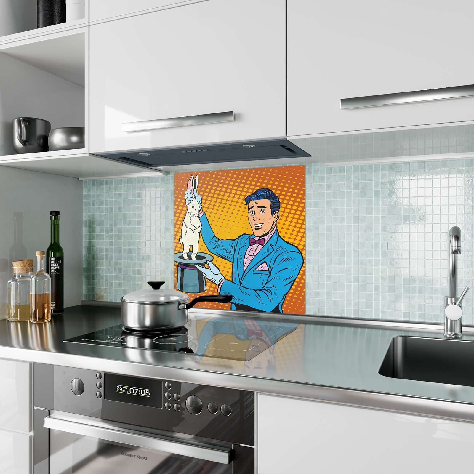 Primedeco Küchenrückwand Küchenrückwand Spritzschutz Glas Illustration Trick Motiv mit Zauberer