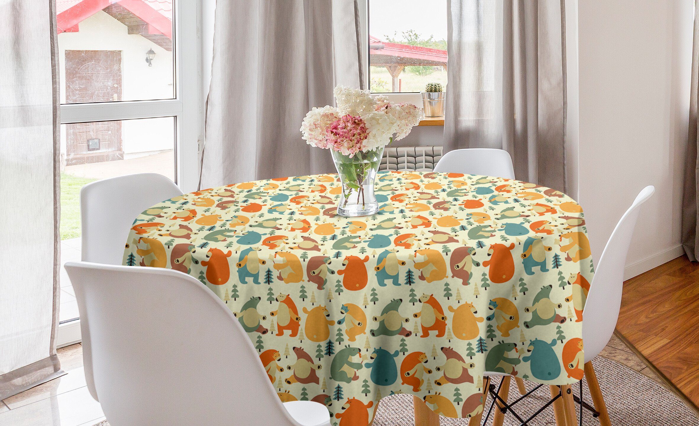 Abakuhaus Tischdecke Kreis Tischdecke Abdeckung für Esszimmer Küche Dekoration, Northwoods Glückliche Bären Nordic