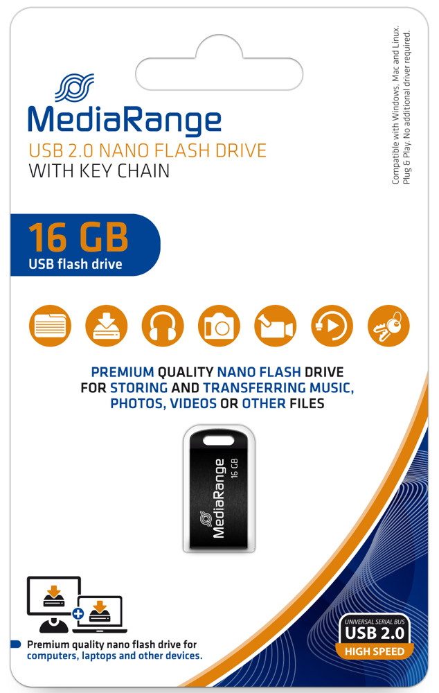 Mediarange USB Stick 16GB Speicherstick Nano inkl. Schlüsselanhänger schwarz USB-Stick