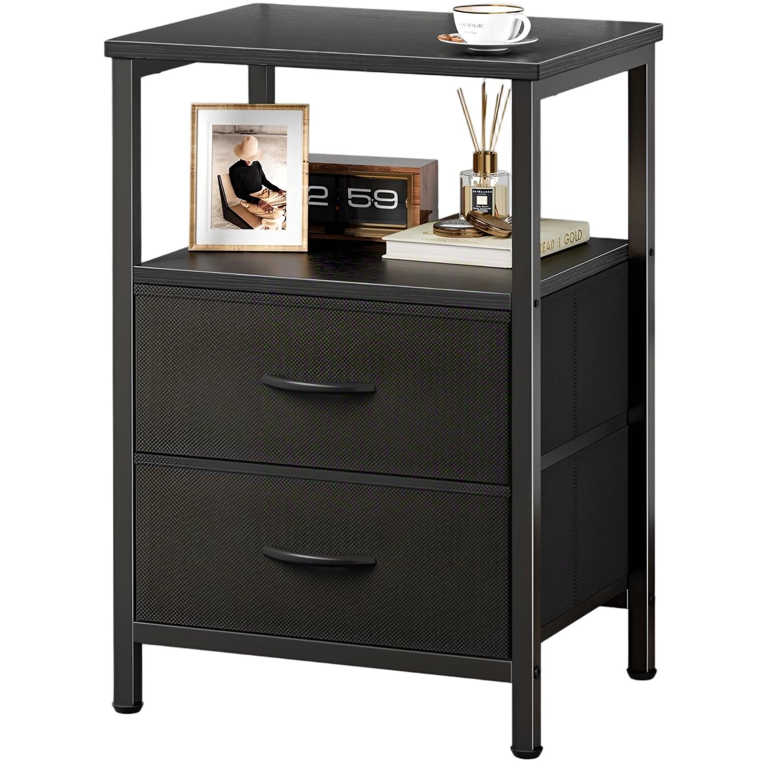 Forrlite Nachttisch Nachttisch mit Stoffschublade,Beistelltisch,mit Stauraum,60x40x28cm (1-St),Beistelltisch,Offenes Fach, Couchtisch, Nachtschrank Schlafzimmer, für Wohnzimmer, Schlafzimmer), Metallgestell,schwarz