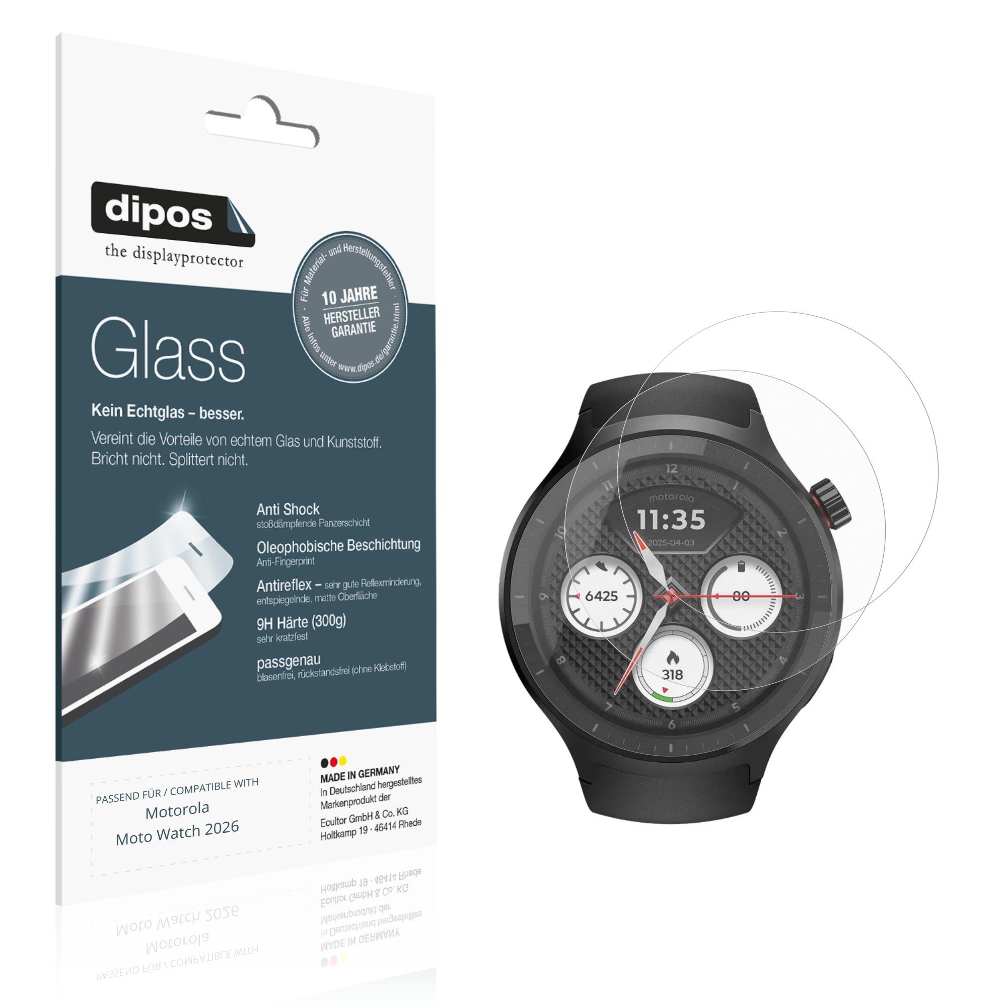 dipos Displayschutzfolie Schutzfolie für Motorola Moto Watch 2026, 2 Stück, Displayschutz Schutz Folie Made in Germany