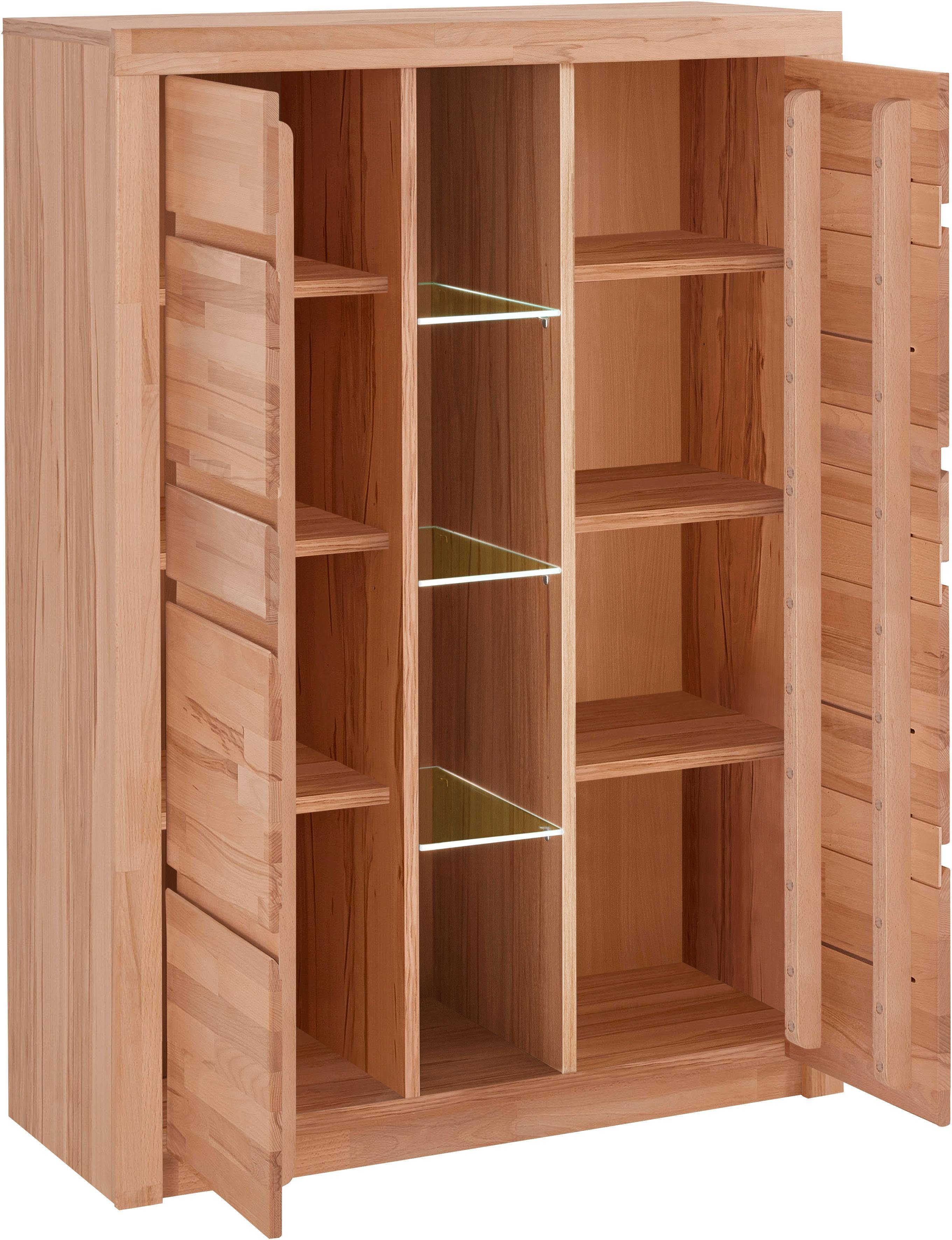 OTTO home Highboard Silkeborg Fronten & Leisten aus Massivholz, Kospus aus Melamin, B/T/H: 90/35/125cm, 6 Melamin & 3 Glas einlegeboden die variabel sind.