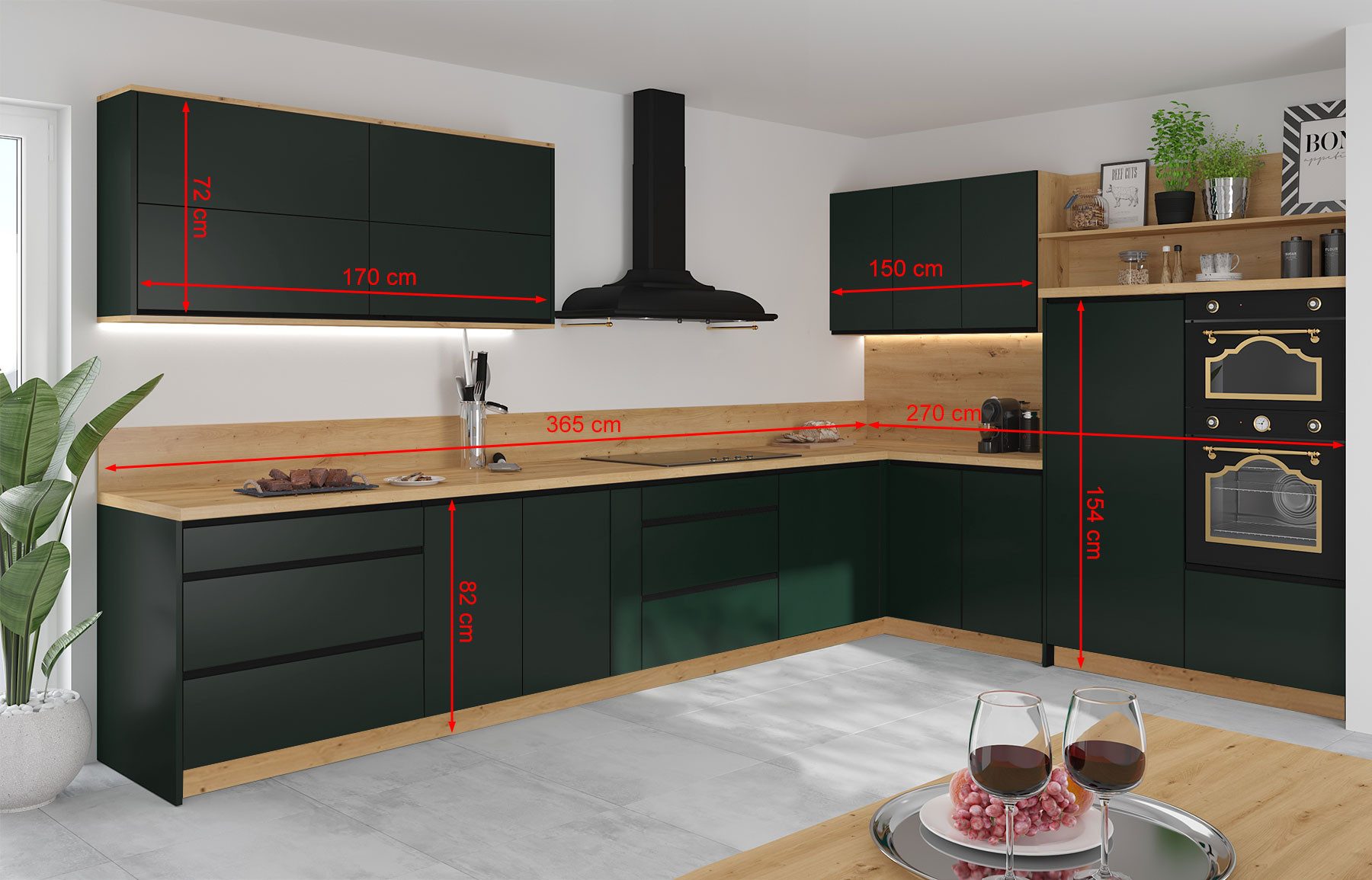 Feldmann-Wohnen Winkelküche Velden, (Schubladen mit Vollauszug + Selbsteinzug (HETTICH Innotech Atira), 365x270x207cm eiche artisan/ schwarz matt - smaragdgrün super matt