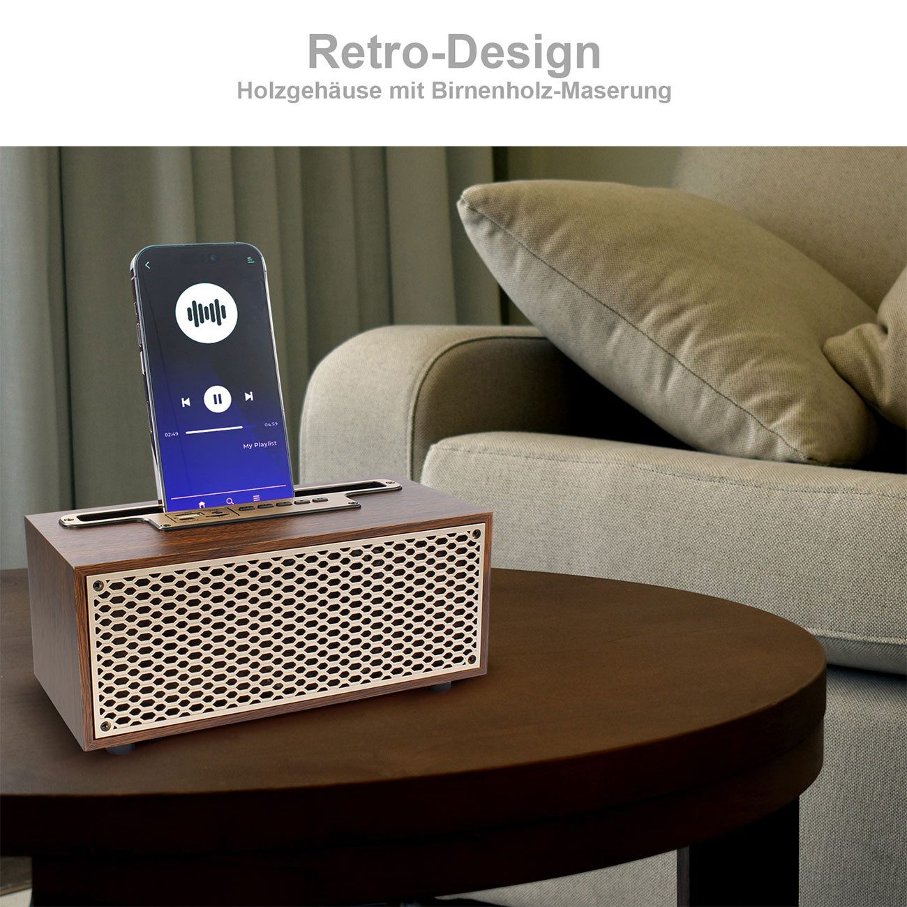 EAXUS XM-5H Vintage Bluetooth Radio Holz FM-Tuner Smartphone-Ablage 5W Retro-Radio (Bluetooth Radio im Holzgehäuse mit FM-Tuner & Smartphone-Ablage)