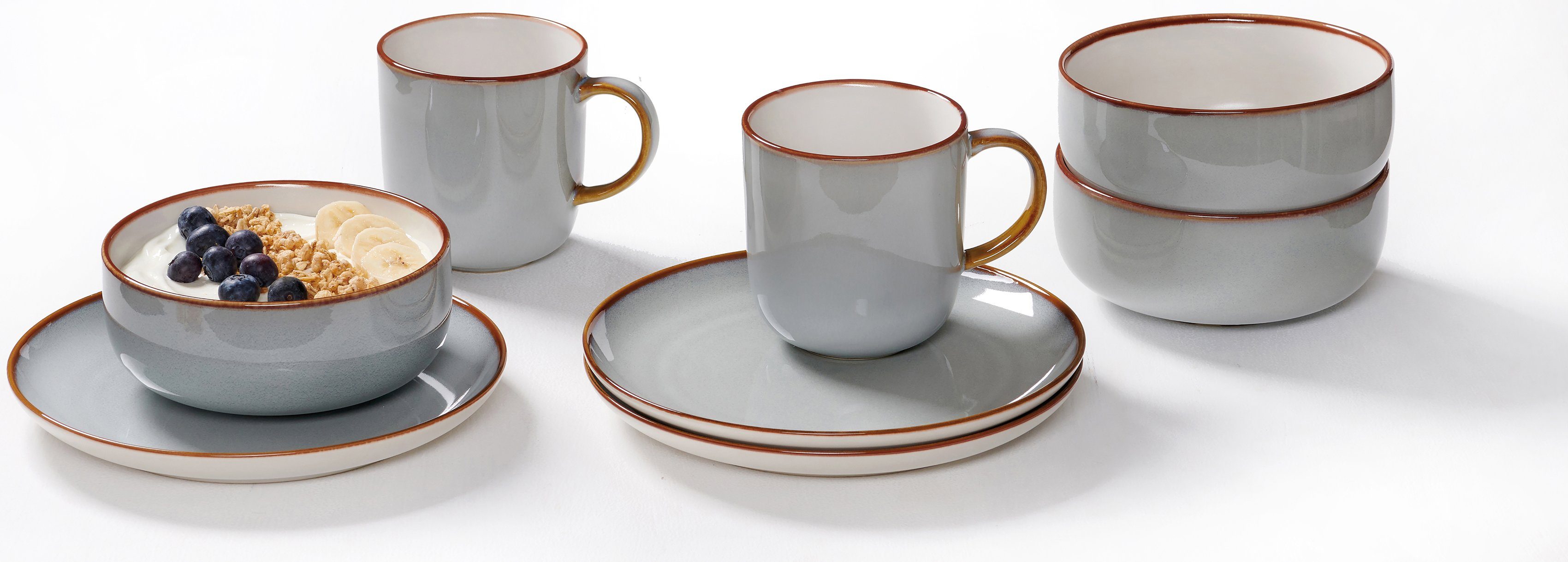 Ritzenhoff & Breker Frühstücks-Geschirrset Portofino (Teller, Schale, Kaffeebecher) (12-tlg), 4 Personen, Steinzeug, Reativglasur, jedes Teil ein Unikat, 12 Tei – Bild 4 von 5