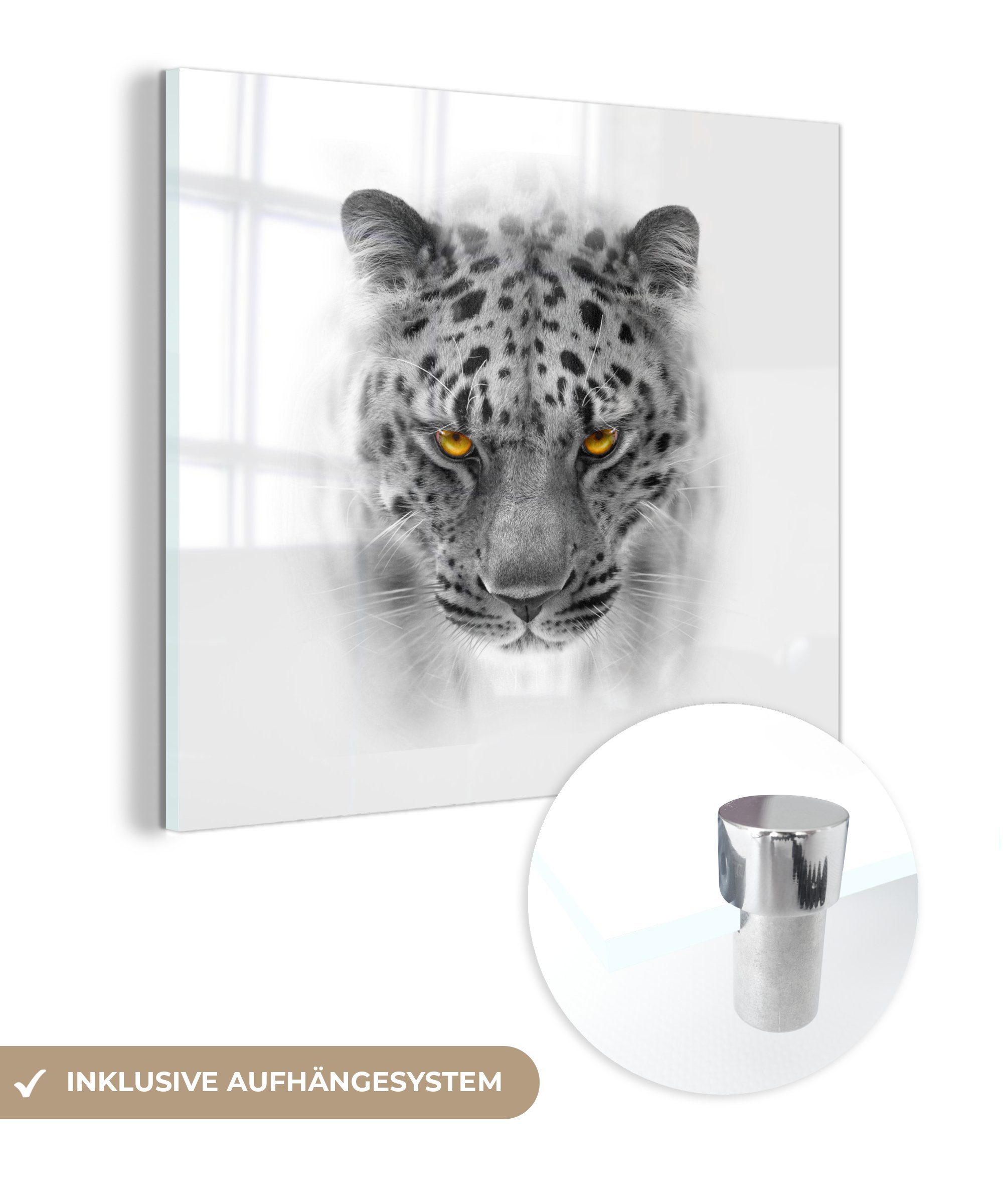 MuchoWow Acrylglasbild Leopard - Schwarz - Weiß - Tiere, (1 St), Glasbilder - Bilder auf Glas Wandbild - Foto auf Glas - Wanddekoration