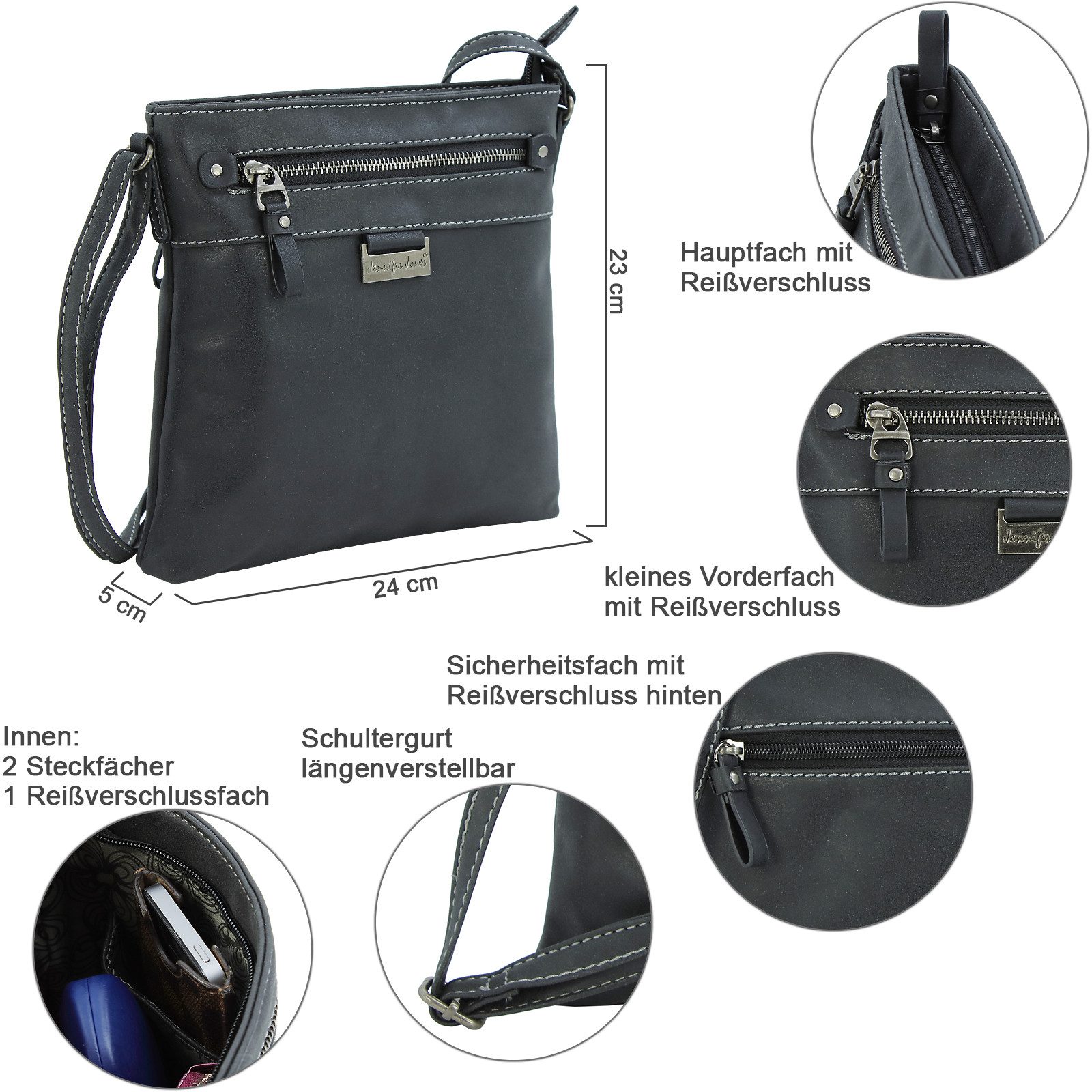 J JONES JENNIFER JONES Umhängetasche - Kleine elegante Damen Schultertasche - Crossbody Bag, leicht