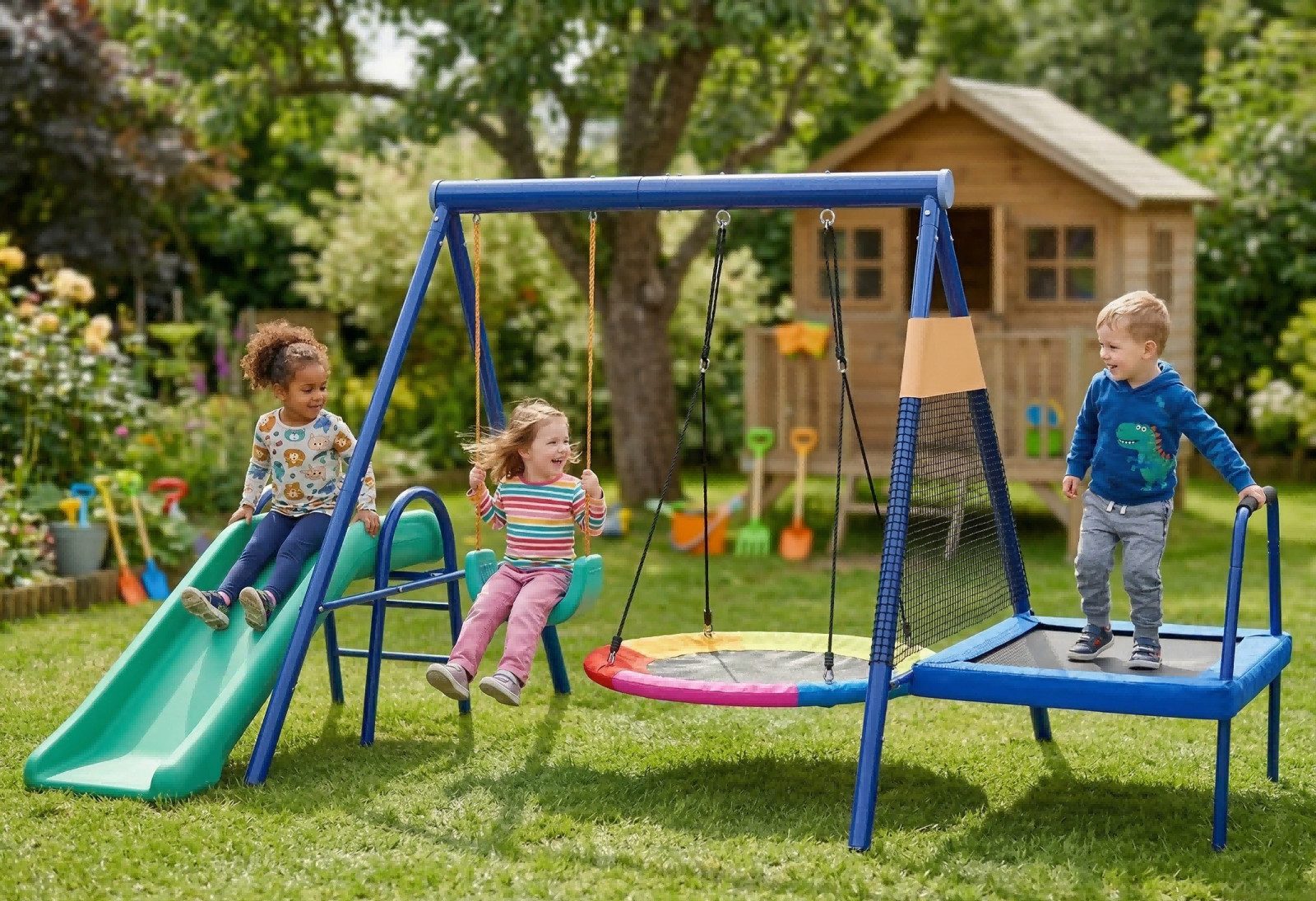 LVHOM Schaukelkombination 335x198x183cm, robustes Kinderschaukelset für Kinder von 3–8 Jahren, (2xSchaukeln+1xRutsche+1xTrampolin, A-förmige Dreieckskonstruktion aus verstärkten Stahlrohren, Bogenschaukel: 45 kg, 4-tlg., Nestschaukel: 100 kg, Rutsche: 80 kg, Trampolin: 45 kg), geeignet für Gärten, Terrassen, kleine Spielplätze und Parks