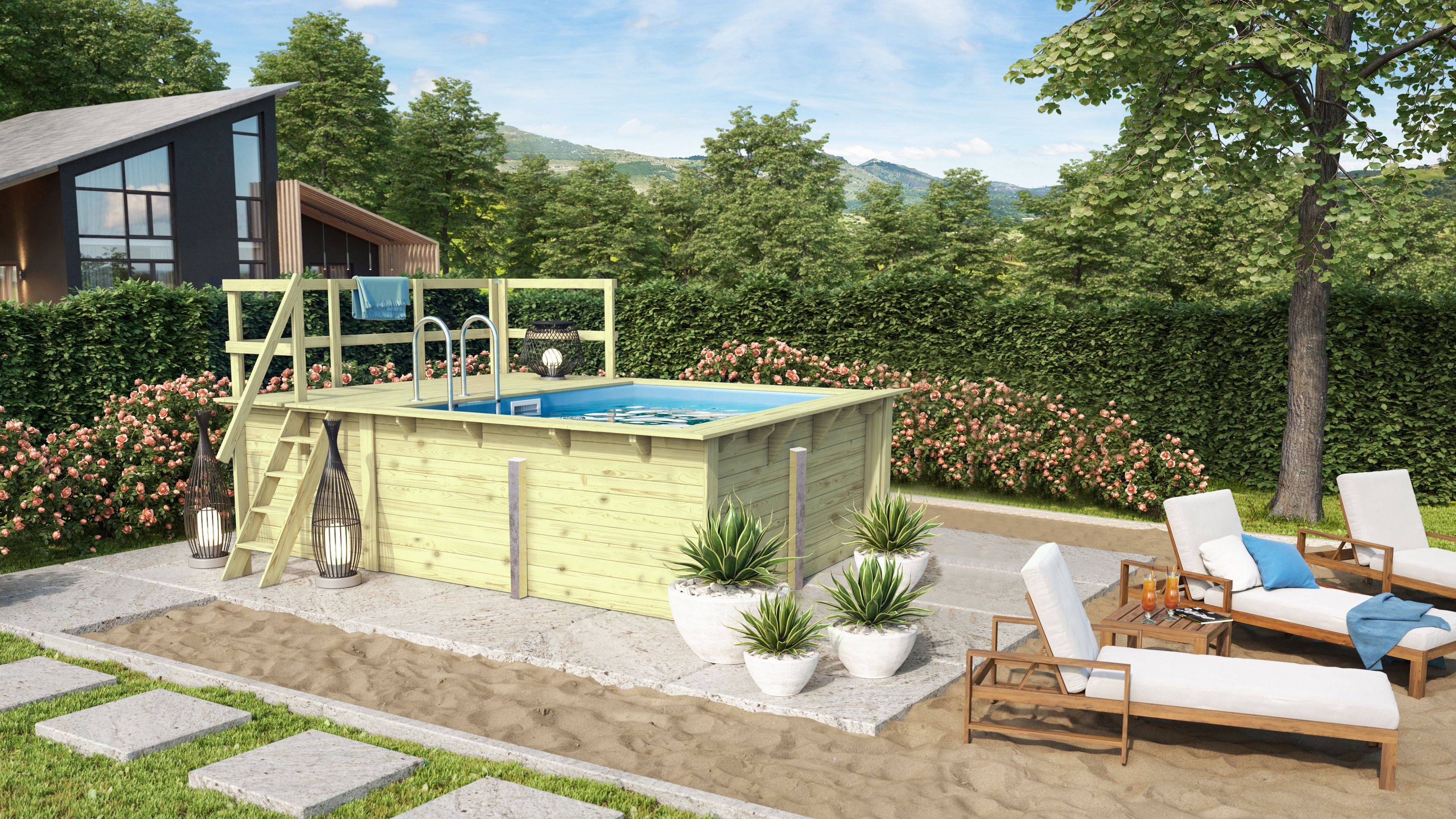 Karibu Rechteckpool Massivholzpool kdi Schwimmbecken Gartenpool, Massivholz, witterungsbeständig, wetterfest