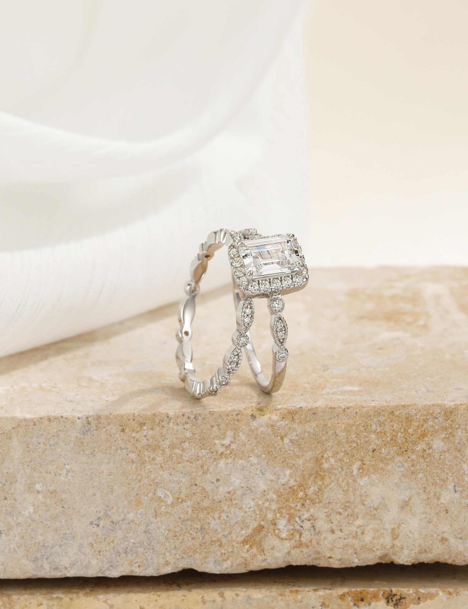 Jumpeak Diamantring 2ct-Smaragd-Diamant-Ring-Set, Ring-Set aus 585er Gold, Damen-Eheringe, Verlobungsring,Damenring-Set aus Weißgold,Stapelringe,IGI-Zertifikat