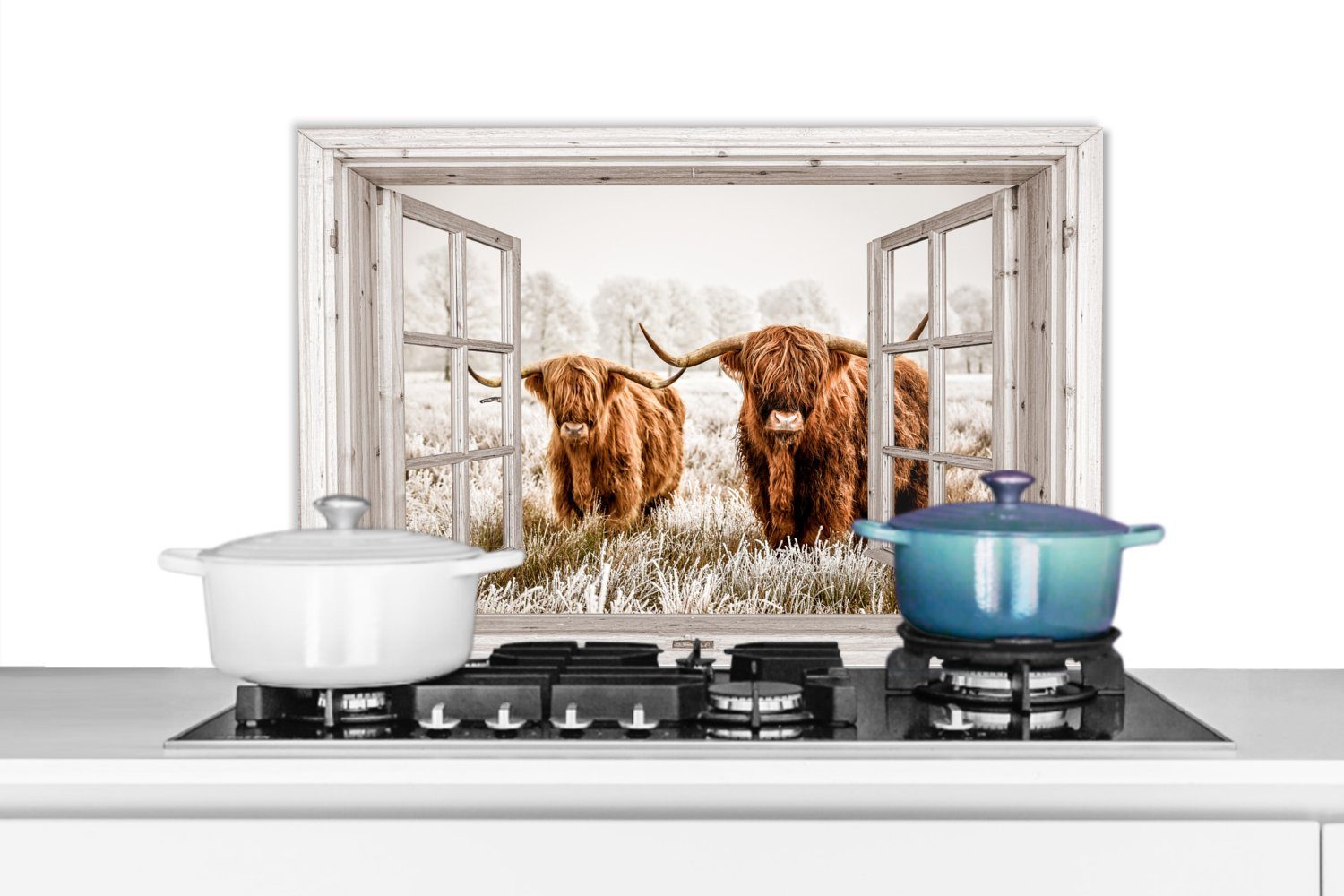 MuchoWow Küchenrückwand Durchblick - Schottische Highlander - Tiere, (1-tlg), 60x40 cm, Herdblende aus Wandschutz, Temperaturbeständig küchen