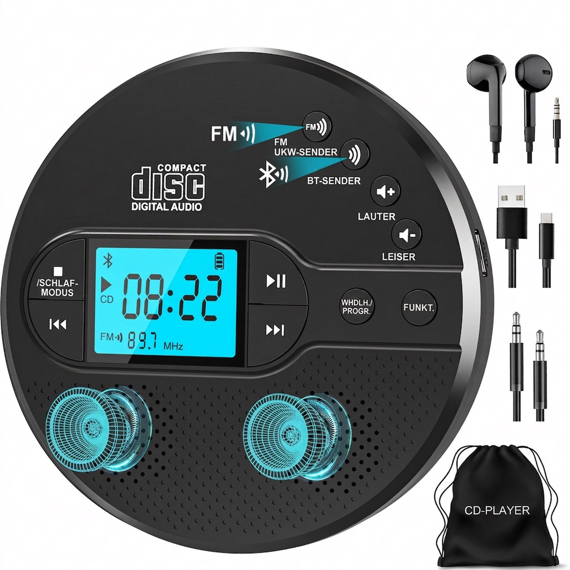 Greadio mit Bluetooth & Akku, FM Transmitter fürs Auto Audio, Schwarz CD-Player (Tragbar, Wiederaufladbar, Anti-Rutsch- & Stoßschutz, Sleep-Timer, Breite Formatkompatibilität)
