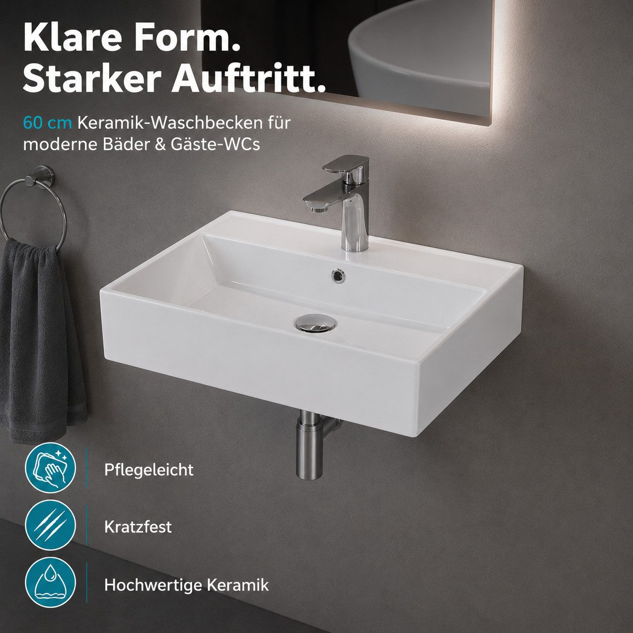 Aqua Bagno Waschbecken Aqua Bagno Keramik Waschtisch Waschbecken 60cm Möbel Aufsatz Wand (Einzel, ohne Armatur u. Ablaufgarnitur), Hänge- Aufsatzwaschbecken mit Hahnloch
