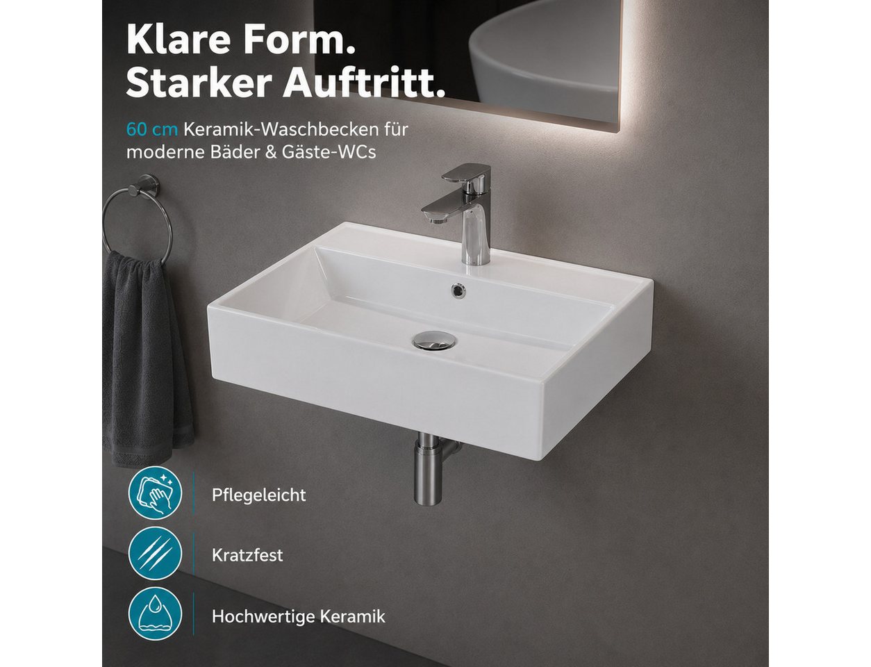 Aqua Bagno Waschbecken Aqua Bagno Keramik Waschtisch Waschbecken 60cm Möbel Aufsatz Wand (Einzel, ohne Armatur u. Ablaufgarnitur), Hänge- Aufsatzwaschbecken mit Hahnloch