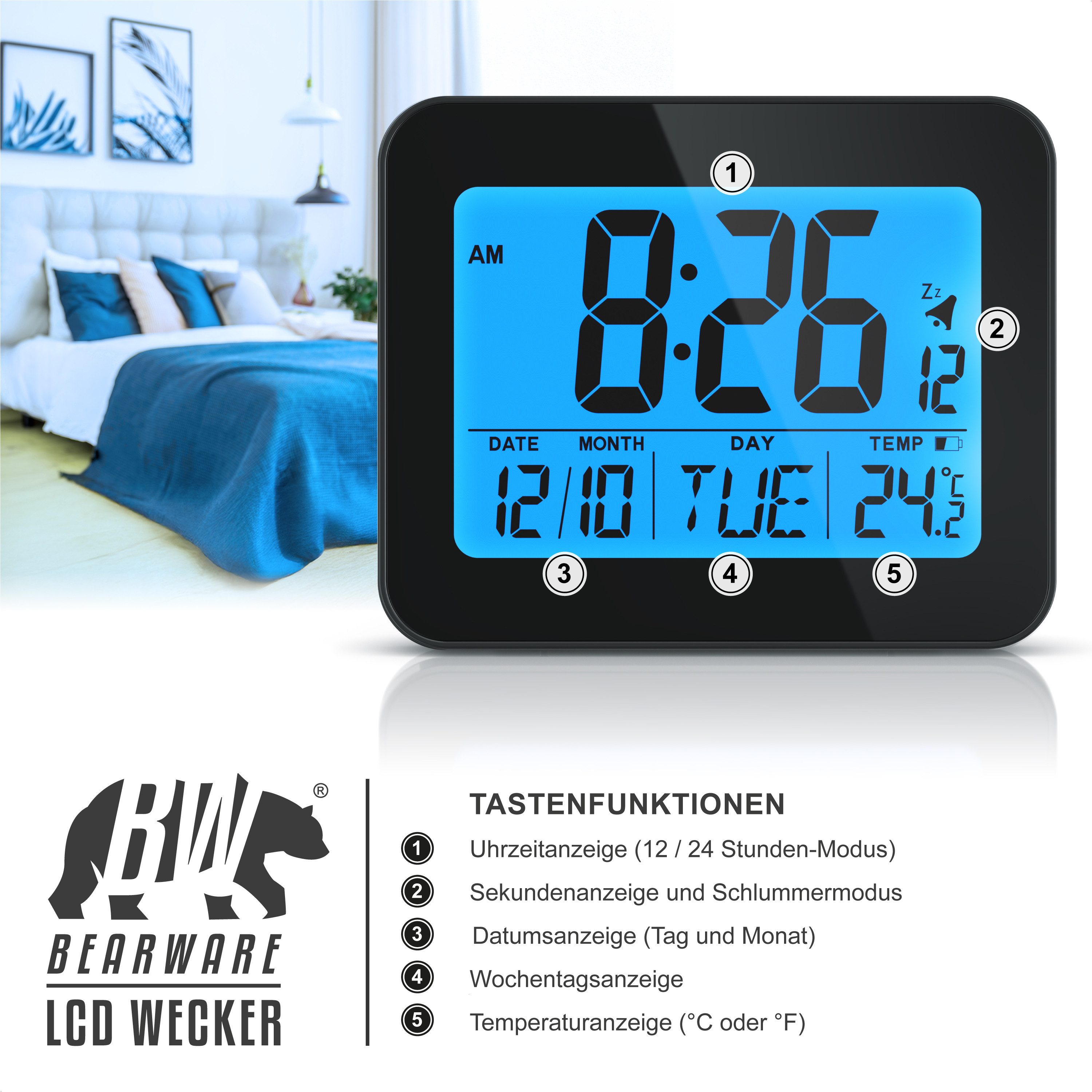 BEARWARE Wecker mit Netzteil & Akku, Musikwecker, Reisewecker mit Temperaturanzeige Schlummerfunktion, Messung Temperatur, kompakt