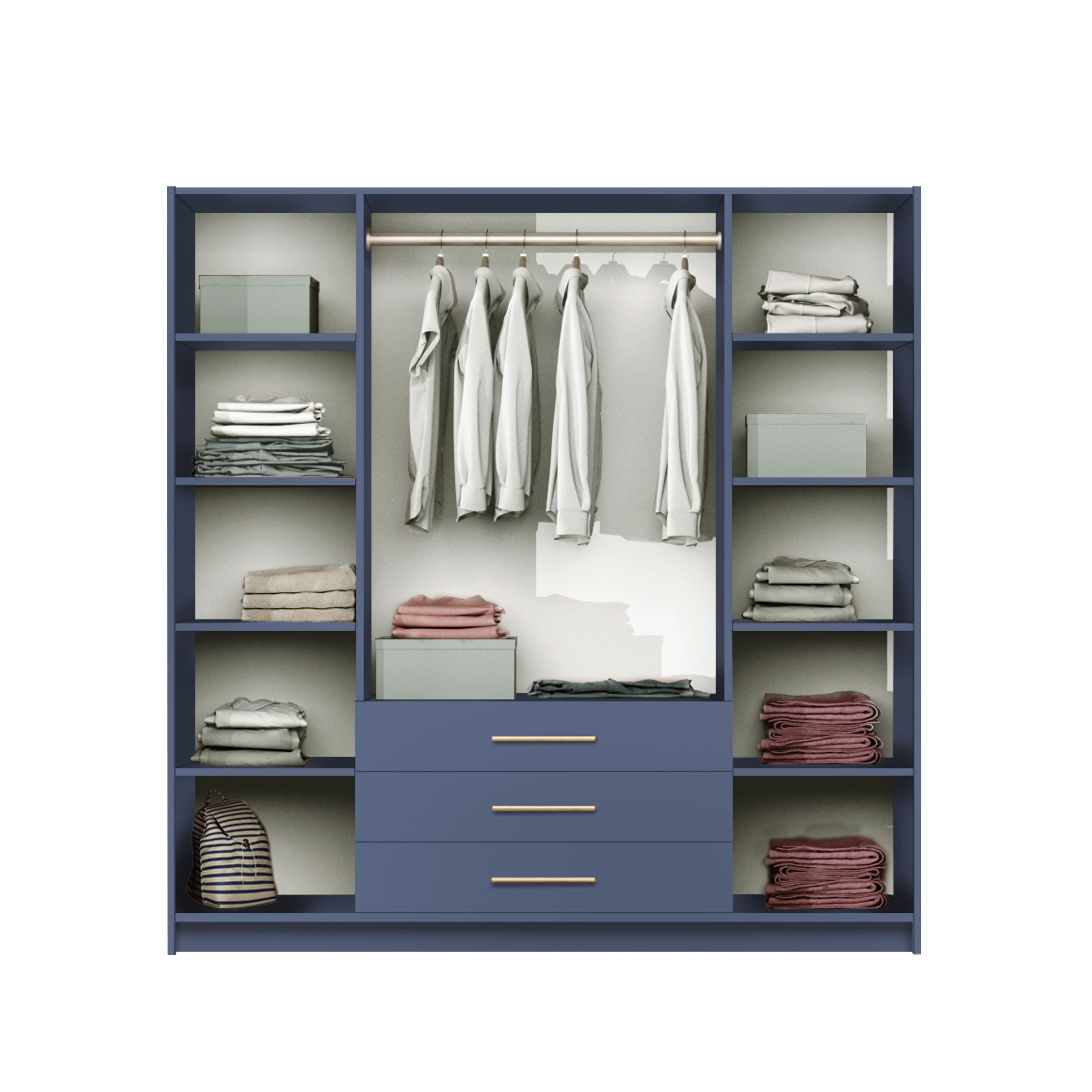 Compleo Kleiderschrank mit 4 Türen und Spiegel, Garderobe mit 3 Schubladen ALEX II Gold griffe