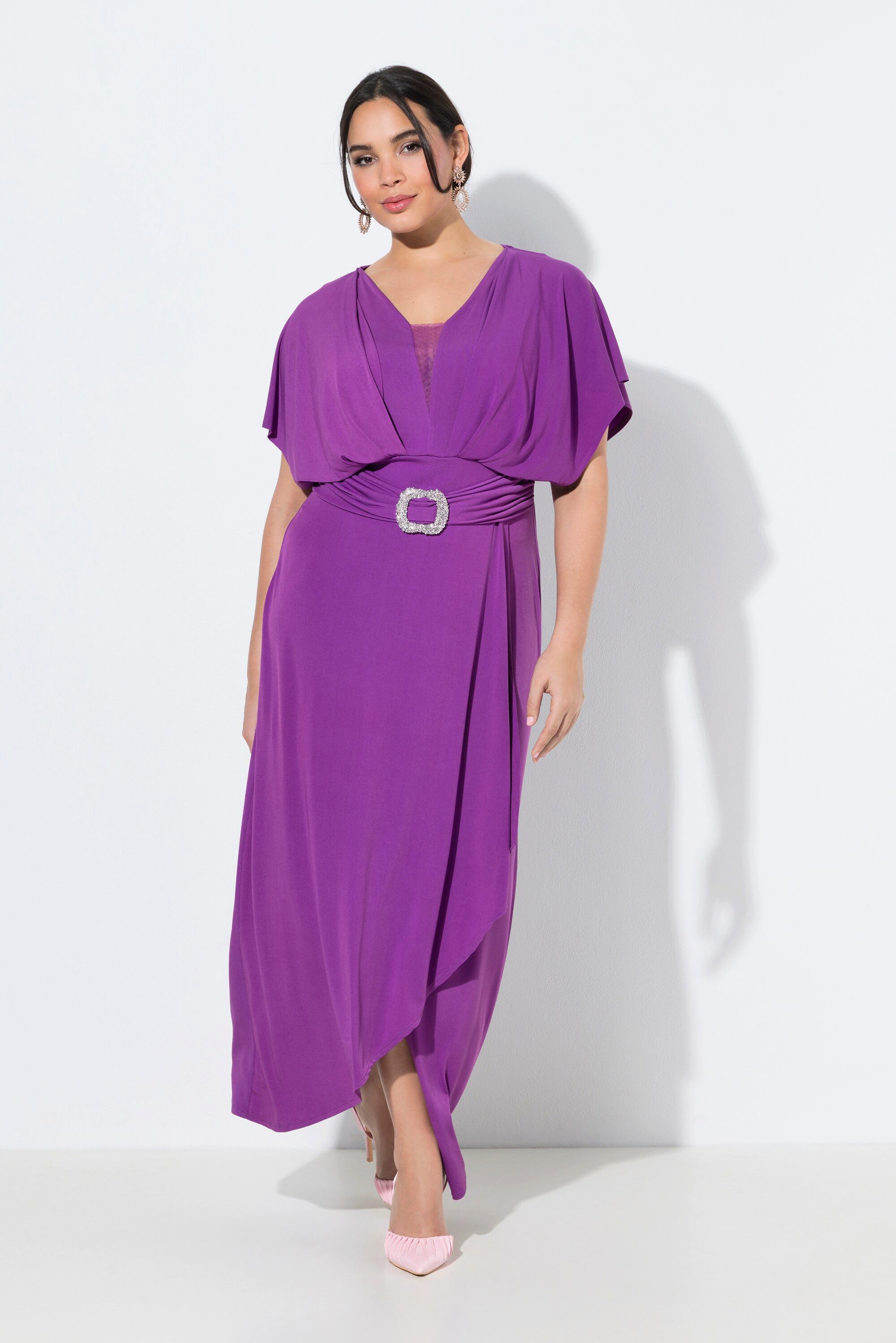 Ulla Popken Cocktailkleid Maxikleid Ziergürtel V-Ausschnitt Halbarm günstig online kaufen