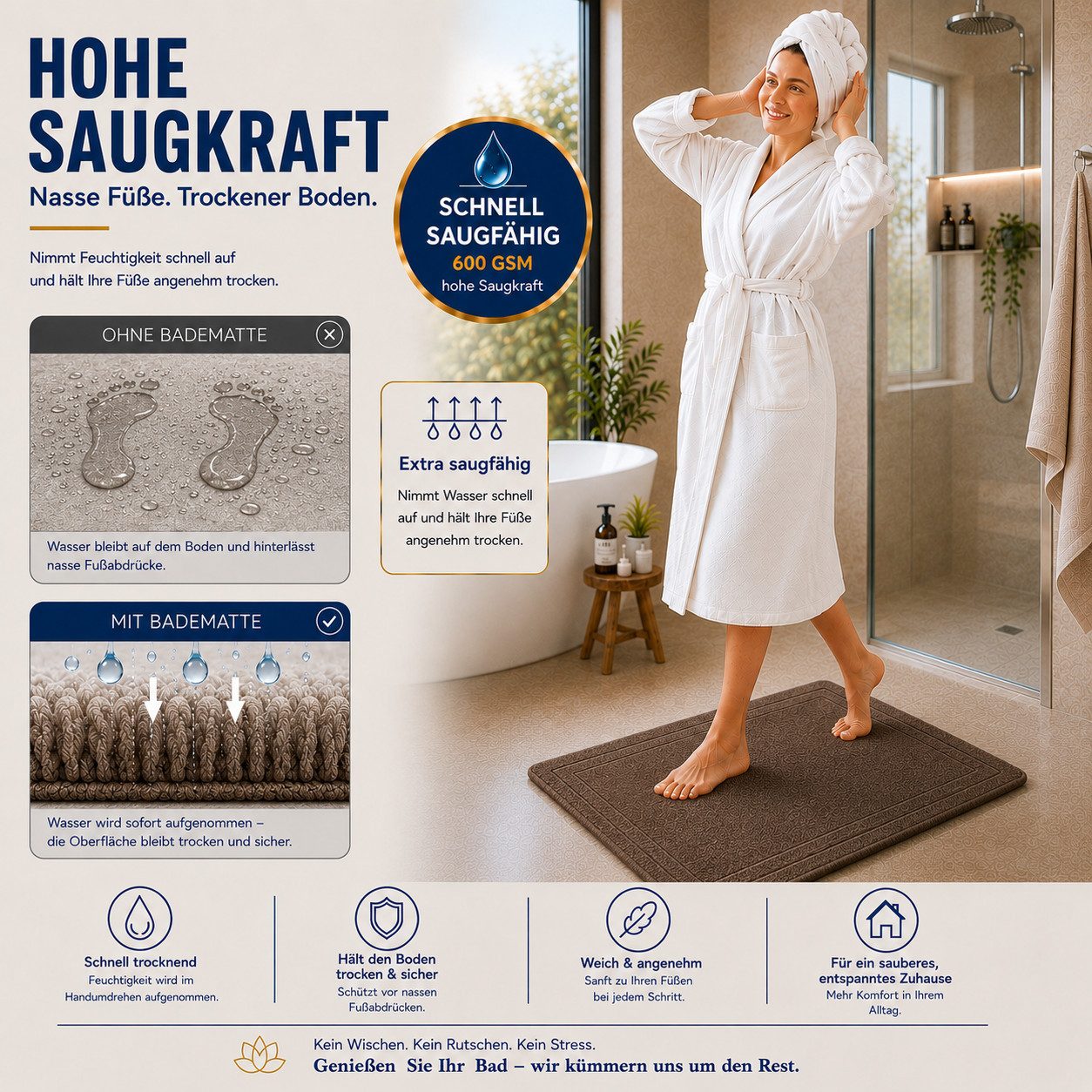 Komfortec Badematte 2er Badetuch Set aus 100% Baumwolle 50x70 cm Extra Weich & Saugstark, Rechteckig, 600 g/m² – Bild 2 von 5
