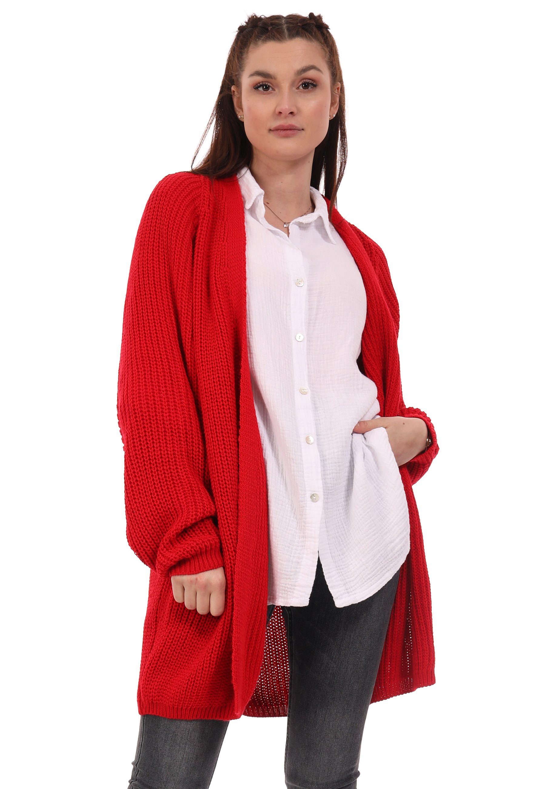 YC Fashion & Style Cardigan Oversize Cardigan Strickjacke Basic-Form verschlusslos Plus Size (1-tlg) casual, mit langen Ärmeln rot