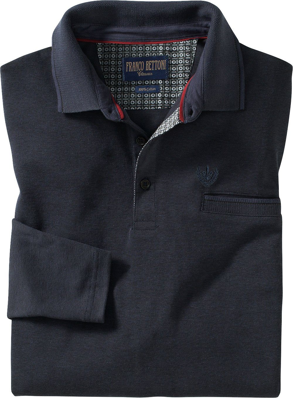 Franco Bettoni Langarm-Poloshirt kurze dunkelblau Seitenschlitze