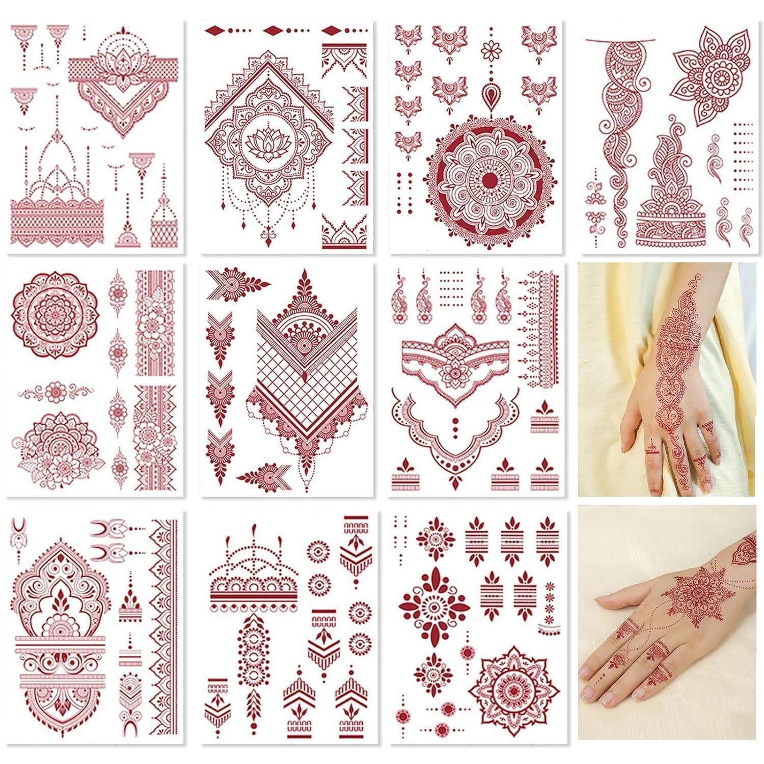 LuxusKollektion Schmuck-Tattoo Temporäre Tattoos Braun Erwachsene Wasserfest Blumen Set 12pcs Henna