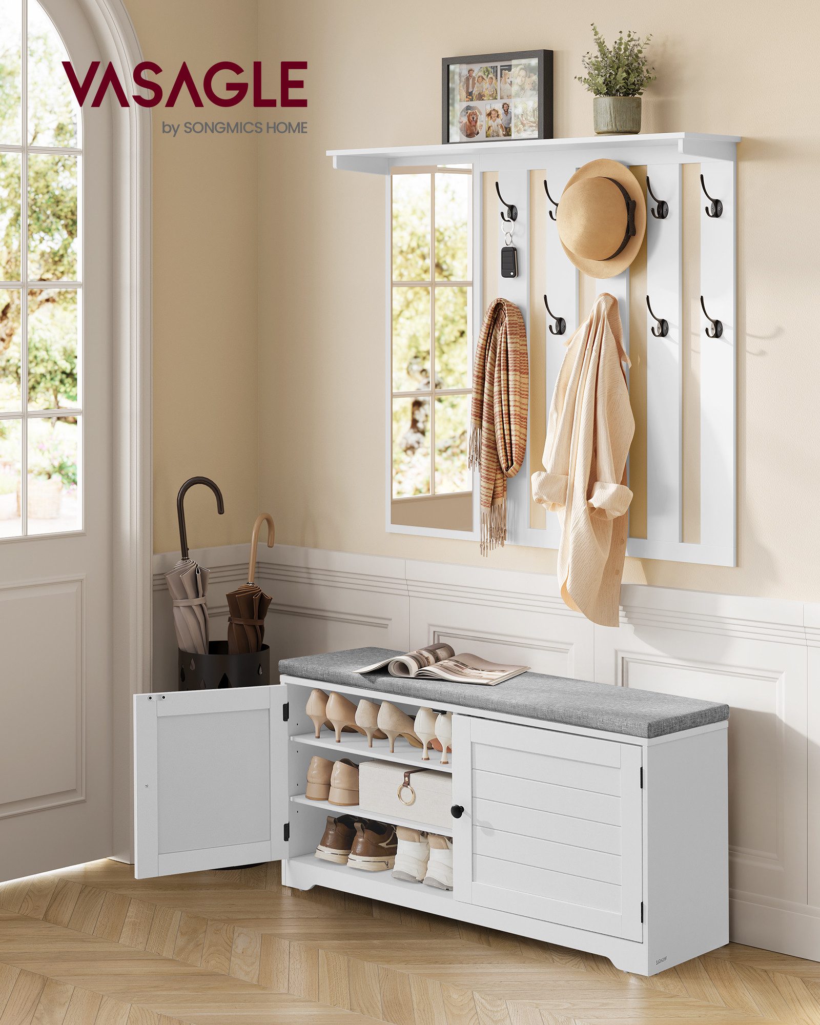 VASAGLE Schuhbank Wandgarderobe Set, Garderobe mit Spiegel, Doppeltüren, Sitzbank, 10 Doppelhaken, Schuhschrank, Sitzpolster abnehmbar, 101 cm breit