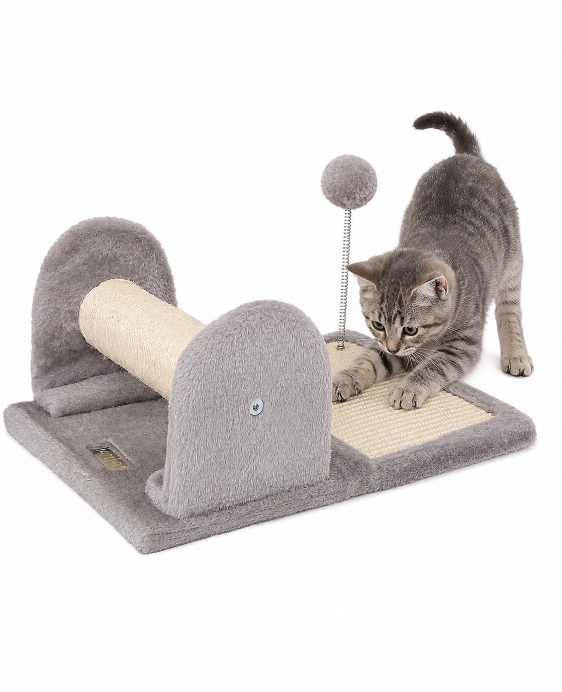 lionto Kratzbaum klein, Kratzbrett für Kitten und erwachsene Katzen, hellgrau, stabil & vielseitig mit Spielball, Sisalstange & Kratzfläche