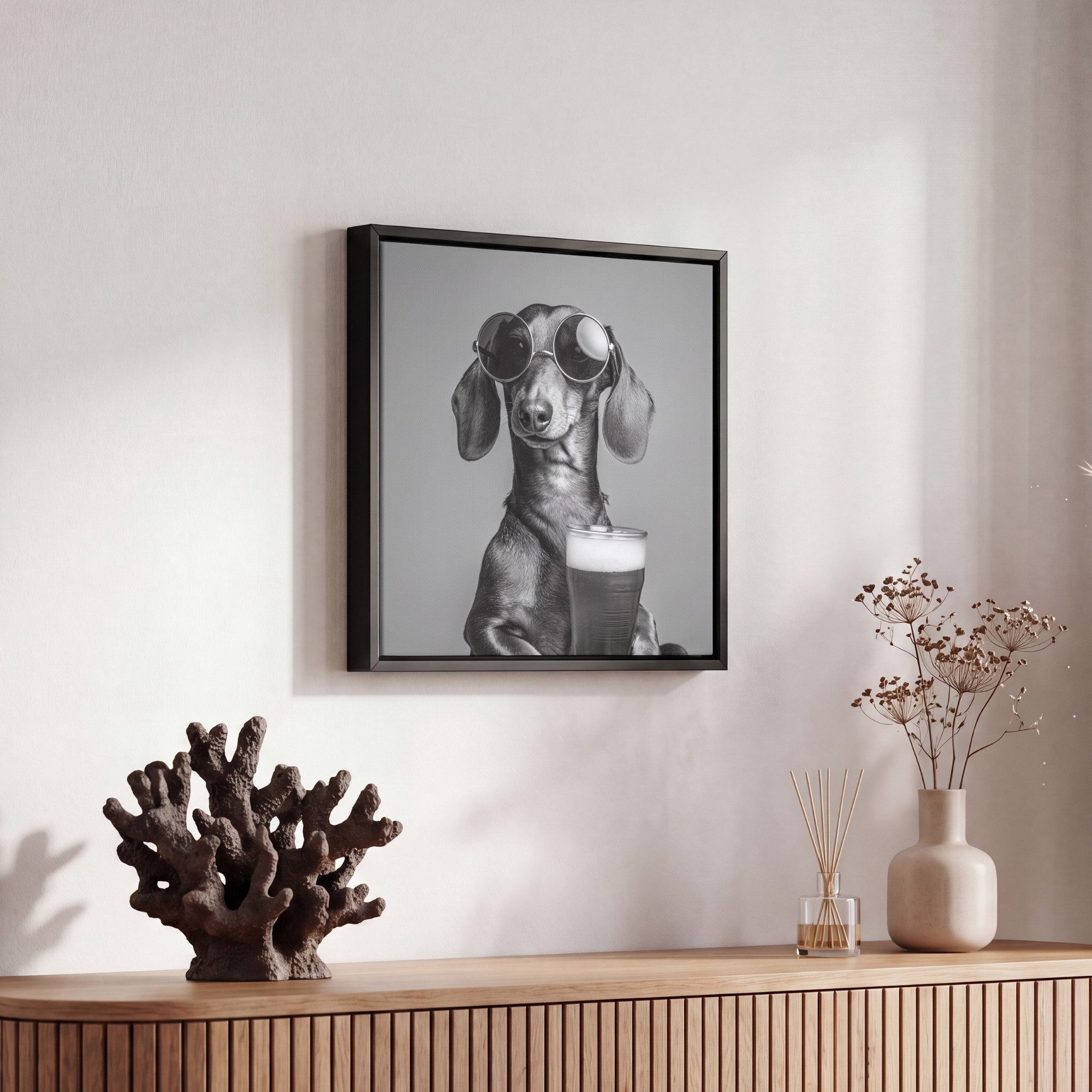 OneMillionCanvasses® Leinwandbild mit Rahmen - Dackel - Bier - Gläser - Gläser, Fotodruck (1 St), Leinwand Bilder Klein, Wand Dekoration Aesthetic 20x20cm – Bild 5 von 5