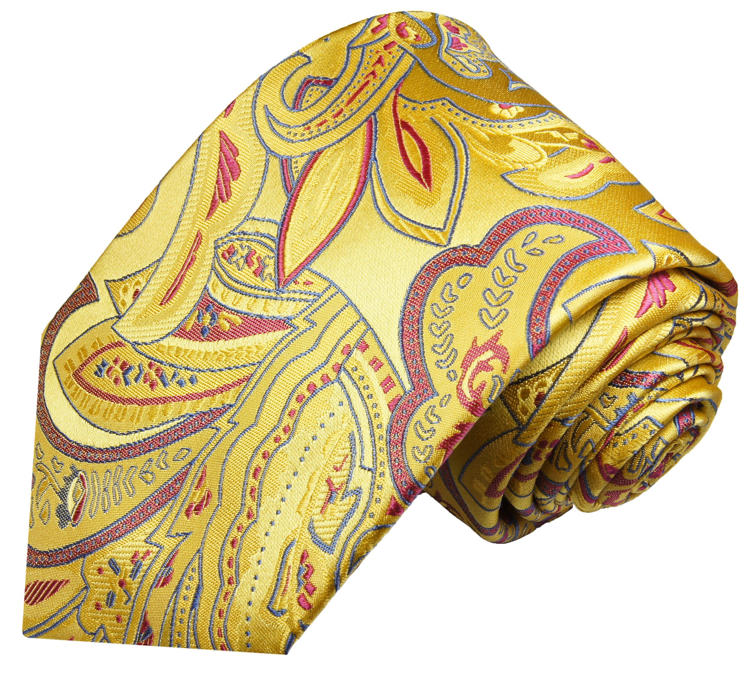 100% 2-St., Krawatte Tuch mit rot paisley floral Paul Seidenkrawatte Schmal Seide Malone Herren mit modern gelb Einstecktuch) Krawatte (6cm), (Set, 2028
