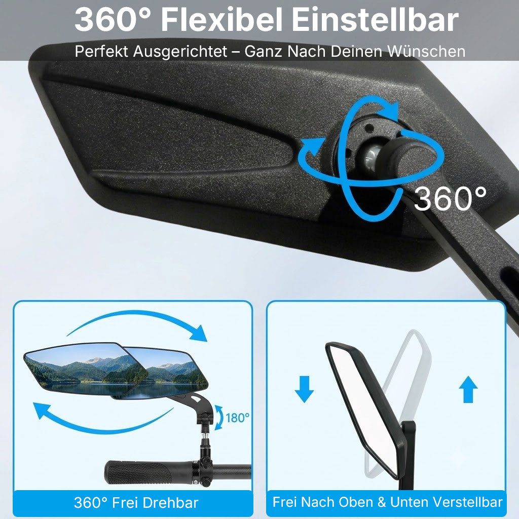 Forrlite Fahrradspiegel für E-Bike, 360° Klappbar & Drehbar Fahrrad Rückspiegel (2-St) (Fahrrad Spiegel Links für Ebikes mit Große Spiegelfläche, Spiegel für Fahrrad Schlagfestes Echtglas, Fahrradzubehör E-bike), Lenkerendspiegel für Fahrrad E Bike Trekkingrad Citybike Tour