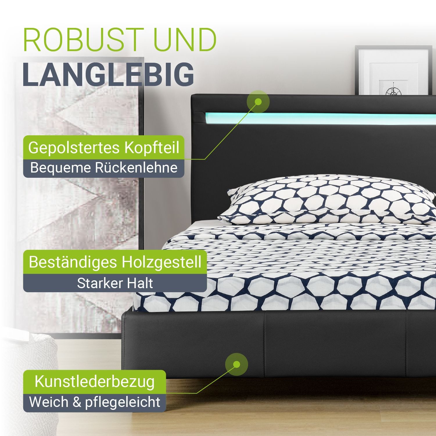 Juskys Polsterbett Paris, 120x200 cm, LED-Licht, weiches Kopfteil, inkl. Kaltschaummatratze