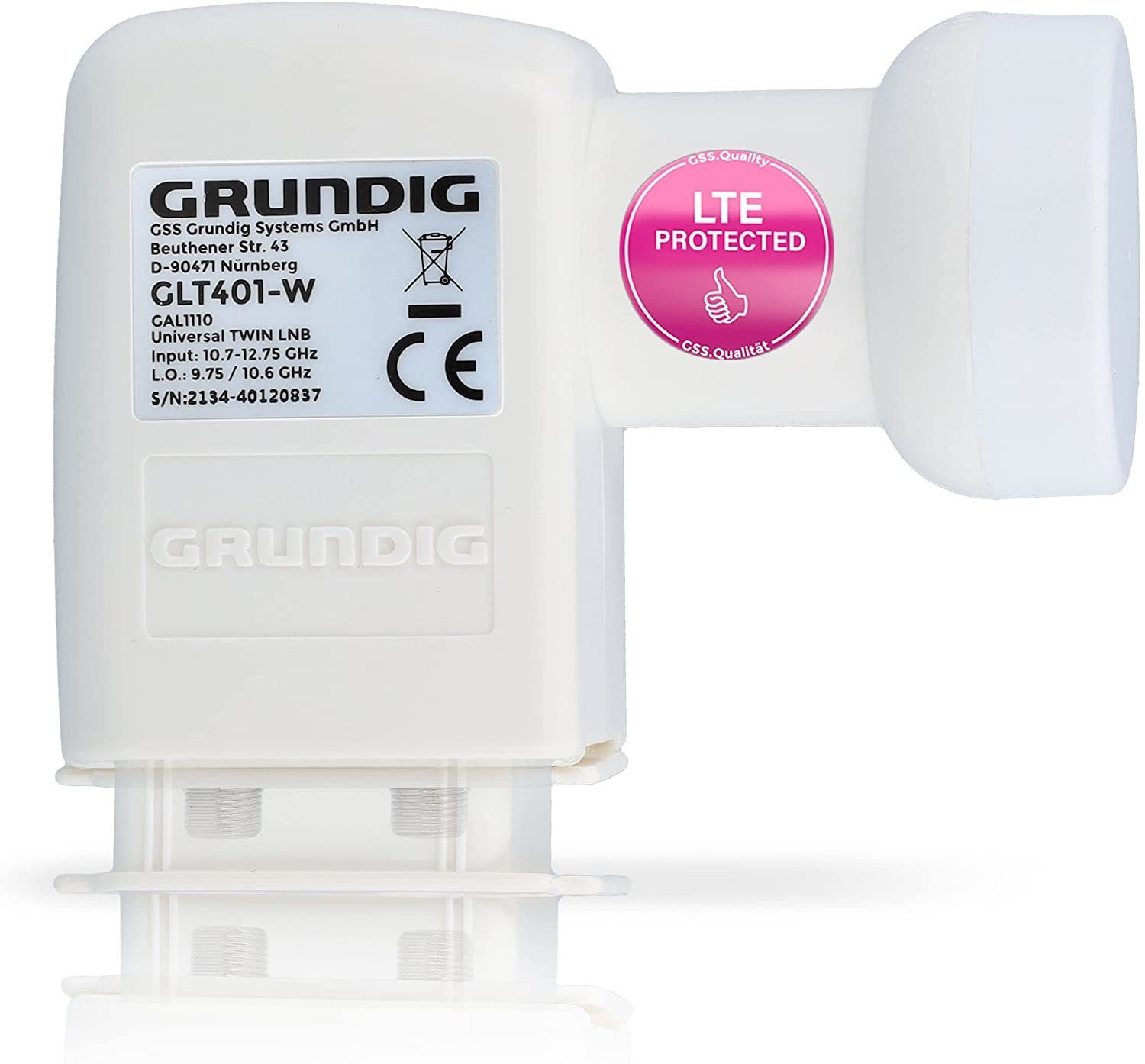 GSS GRUNDIG SYSTEMS »Twin LNB GLT 401 + Aufdrehhilfe - Weiss«  Universal-Twin-LNB (2 Teilnehmer,mit LTE Filter - Full HD, 4K, HDTV,  0.1dB,Wetterschutz, kälte- & hitzebeständig)