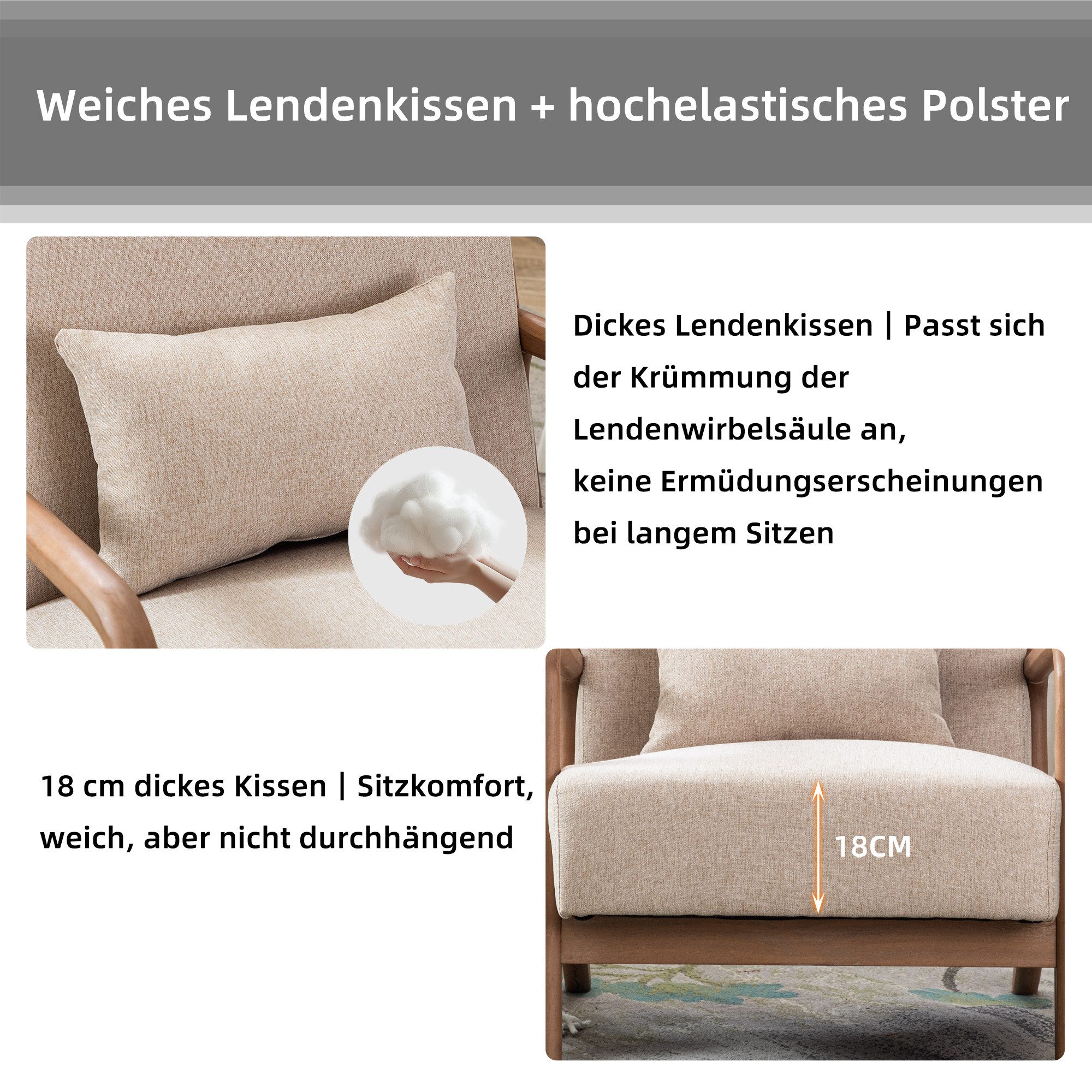 CANMOV Relaxsessel Accent Sessel mit Kissen, Loungesessel mit Armlehnen, Einzelsessel (1-St), Natürliches Holz, Liegestuhl mit Armlehne und Kissen, für Wohnzimm – Bild 5 von 5