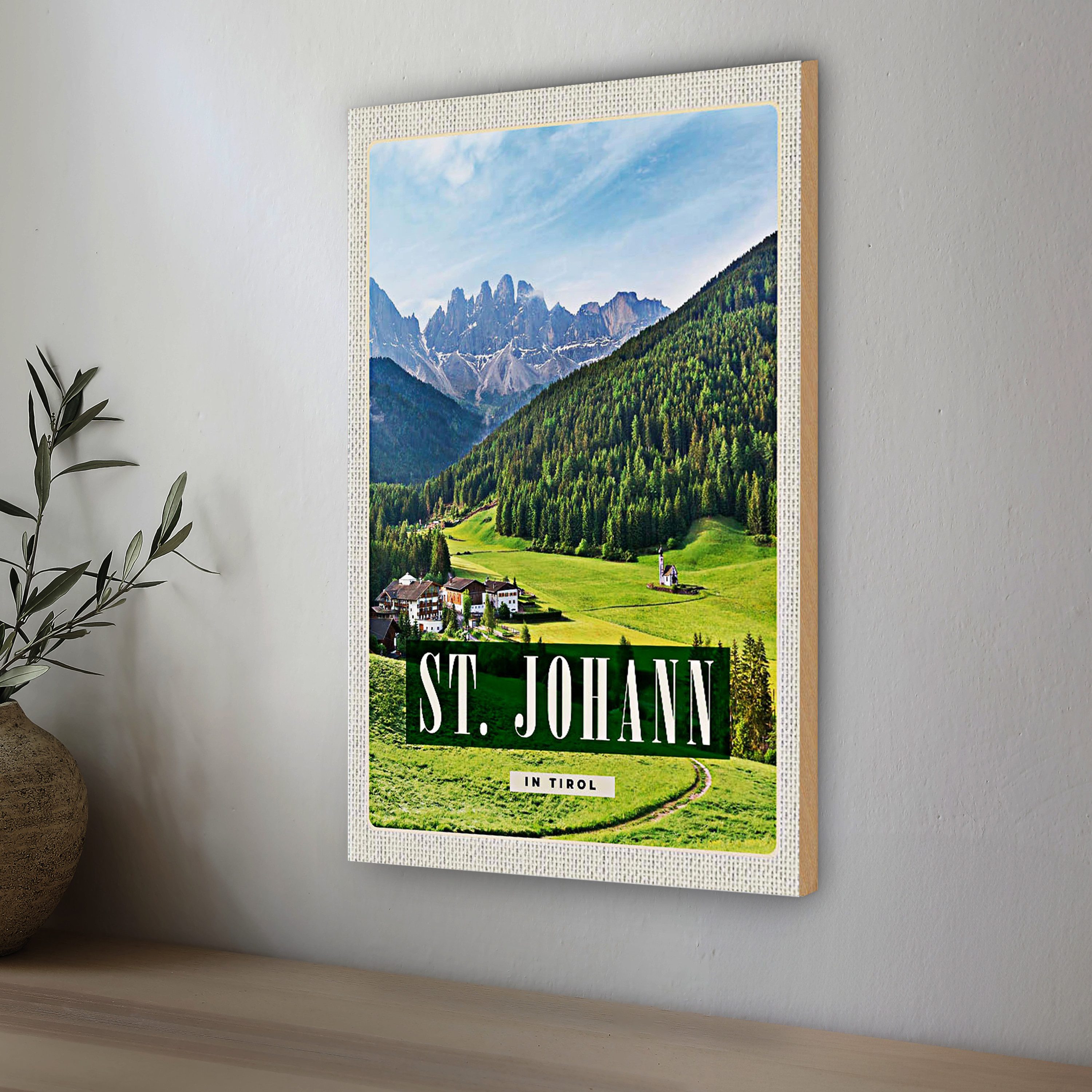 Roomando Holzbild Holzschild Reise 20x30cm St. Johann in Tirol Sommer Berg Reise