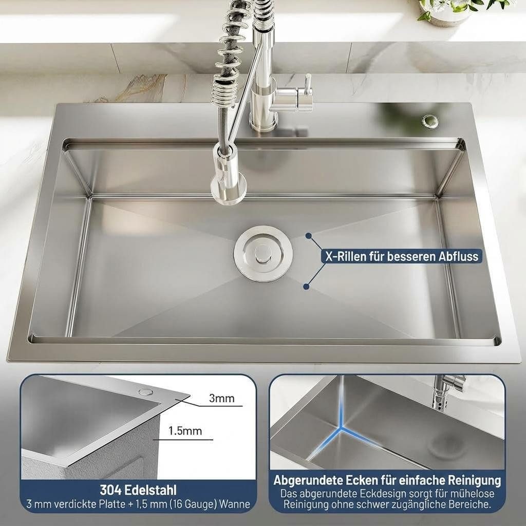 GarveeMore Küchenspüle Edelstahl Spülbecken, Einbauspüle mit Armatur & Zubehör, rechteckig, 60/45 cm, inkl. Ablaufstopfen, Siebkorbventil & Geschirrabtropfgestell