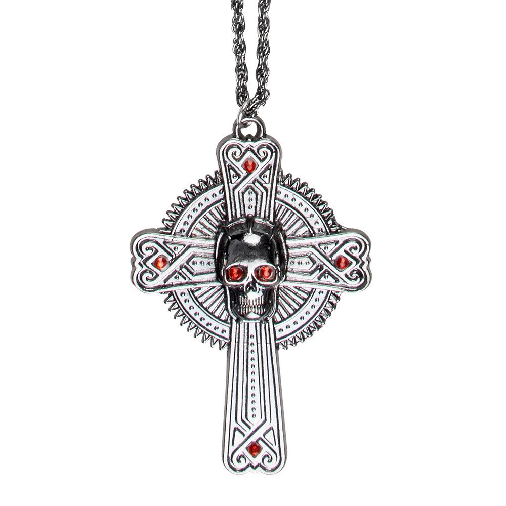 Kostüm Halskette 'Skull' mit Kreuz, Altsilber Rot