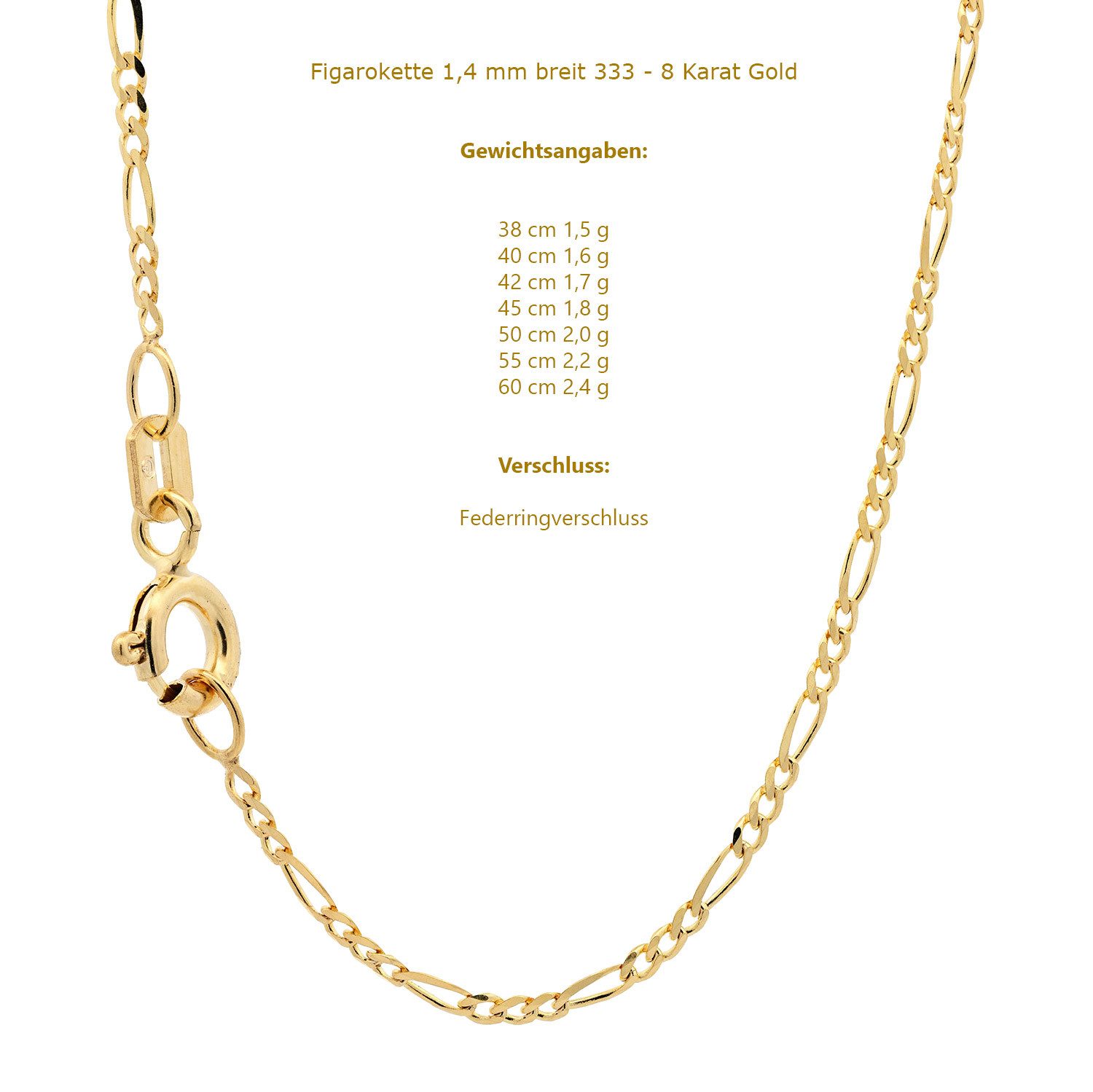 HOPLO Goldkette Goldkette Figarokette Halskette Breite 1,4 mm 42 cm 333 - 8 Karat Gold, Made in Germany – Bild 4 von 5